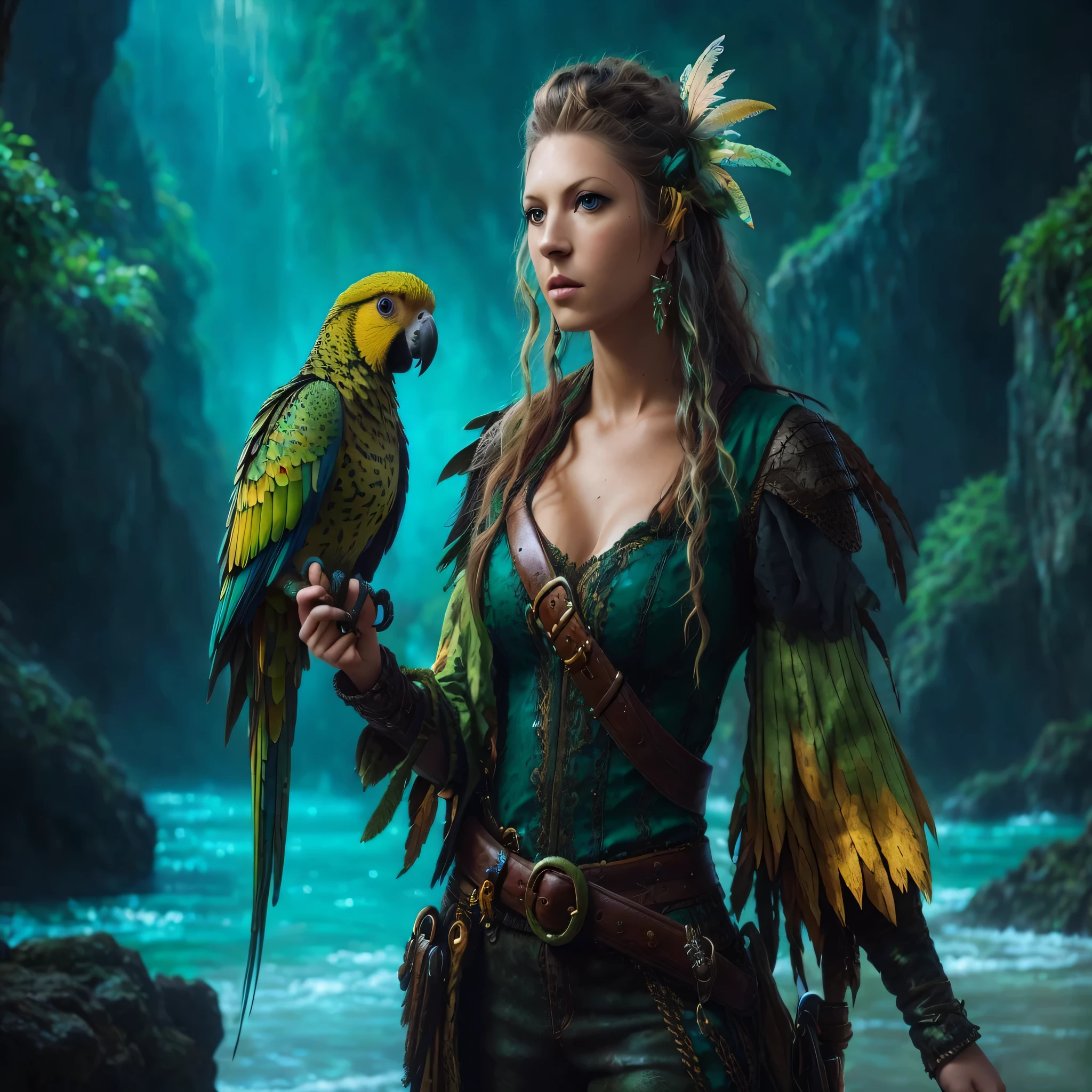 Araffed woman in a green dress holds a parrot on her hand, fantasy character photo, realistic Fantasy photography, Bird Warrior, Fantasy photography, fantasy photo shoot, fantasy style clothing, fantasy portrait, inspired by Magali Villeneuve, with a large parrot, fantasy art behance, magnificent jungle ranger, forest hunter lady, hyperrealistic fantasy art, Fantasy character portrait