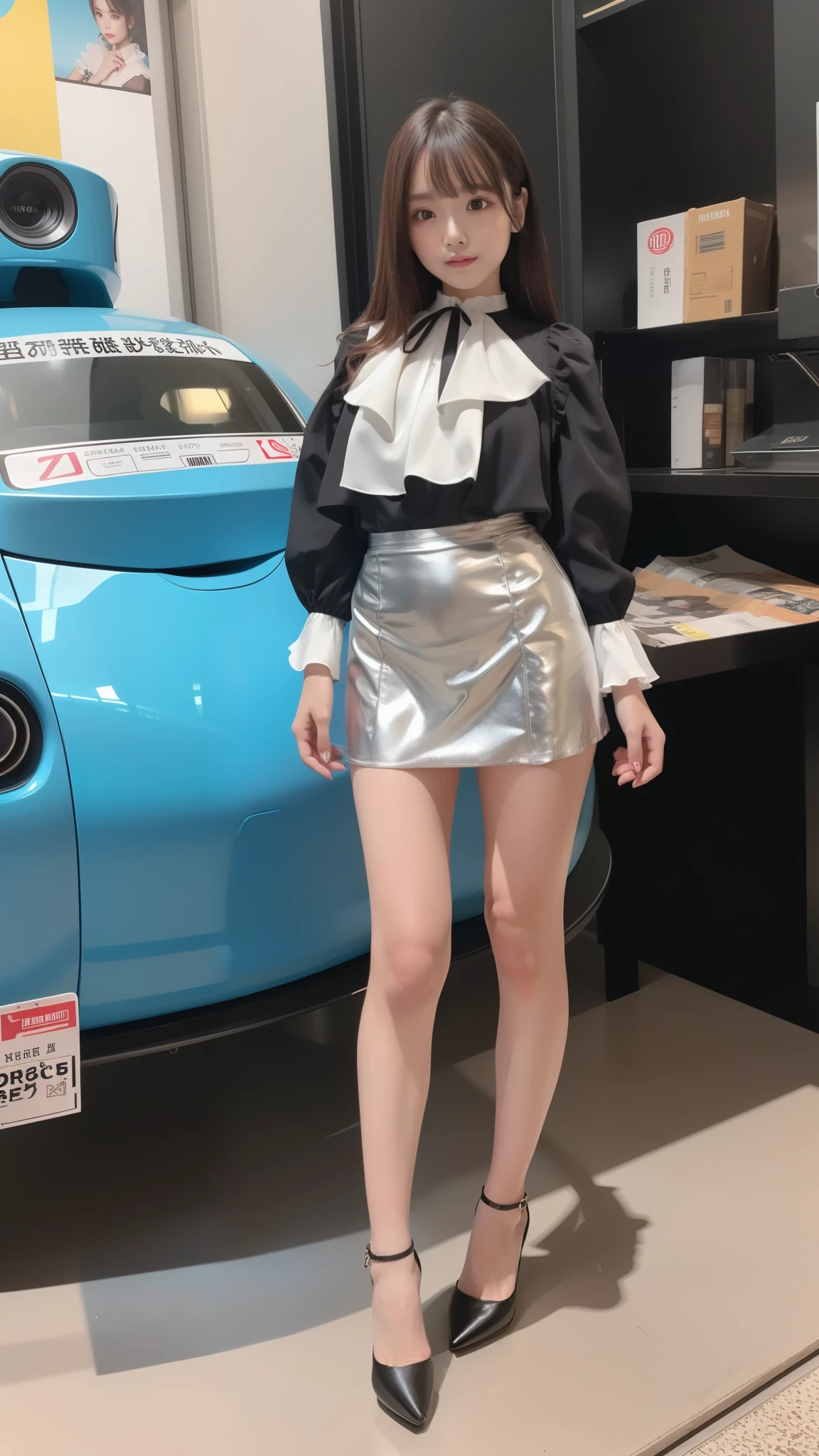 Silver satin ruffled blouse, black skirt
