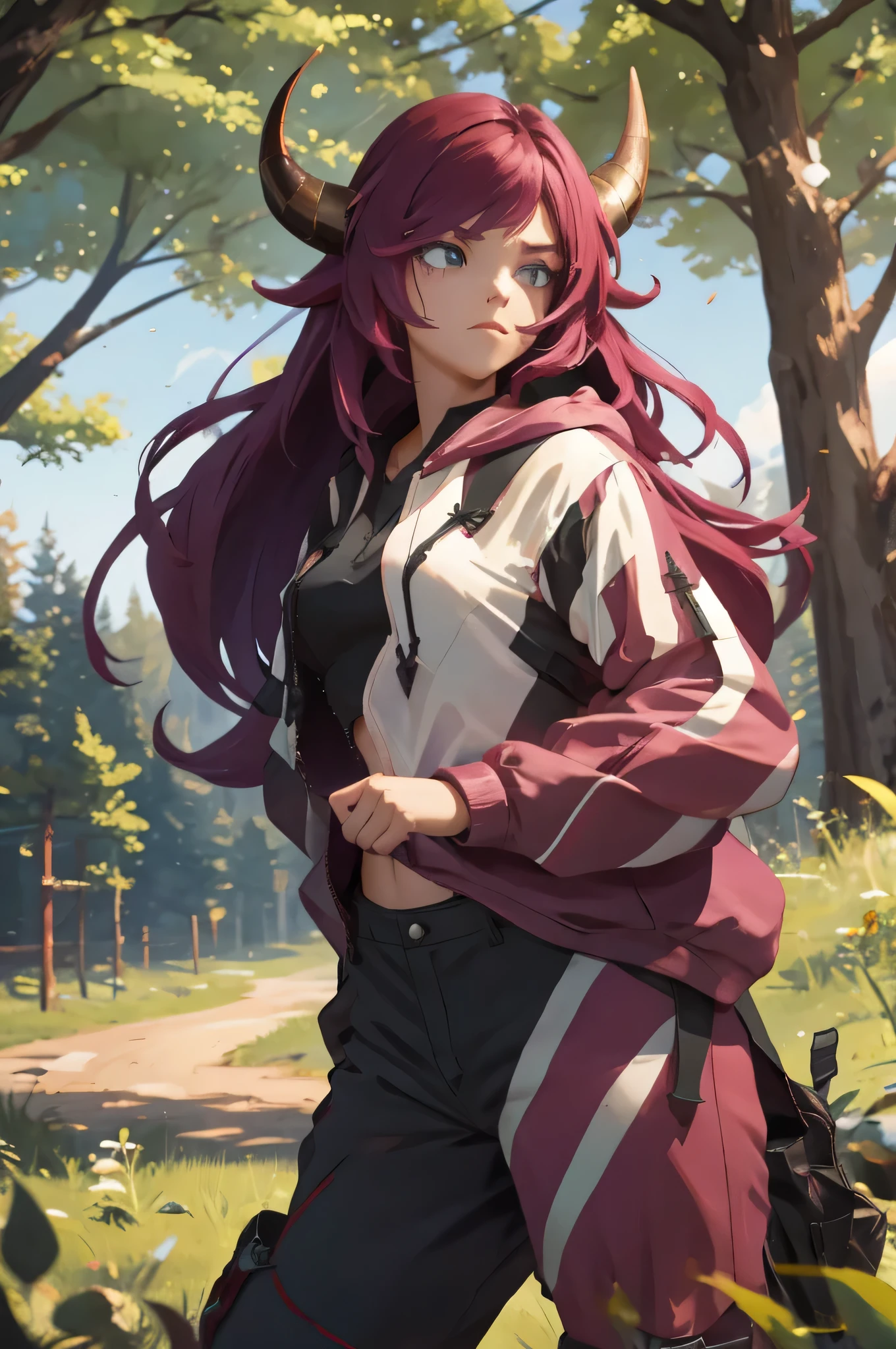 Teenage woman, battle outfit, horns, long hair, in the woods