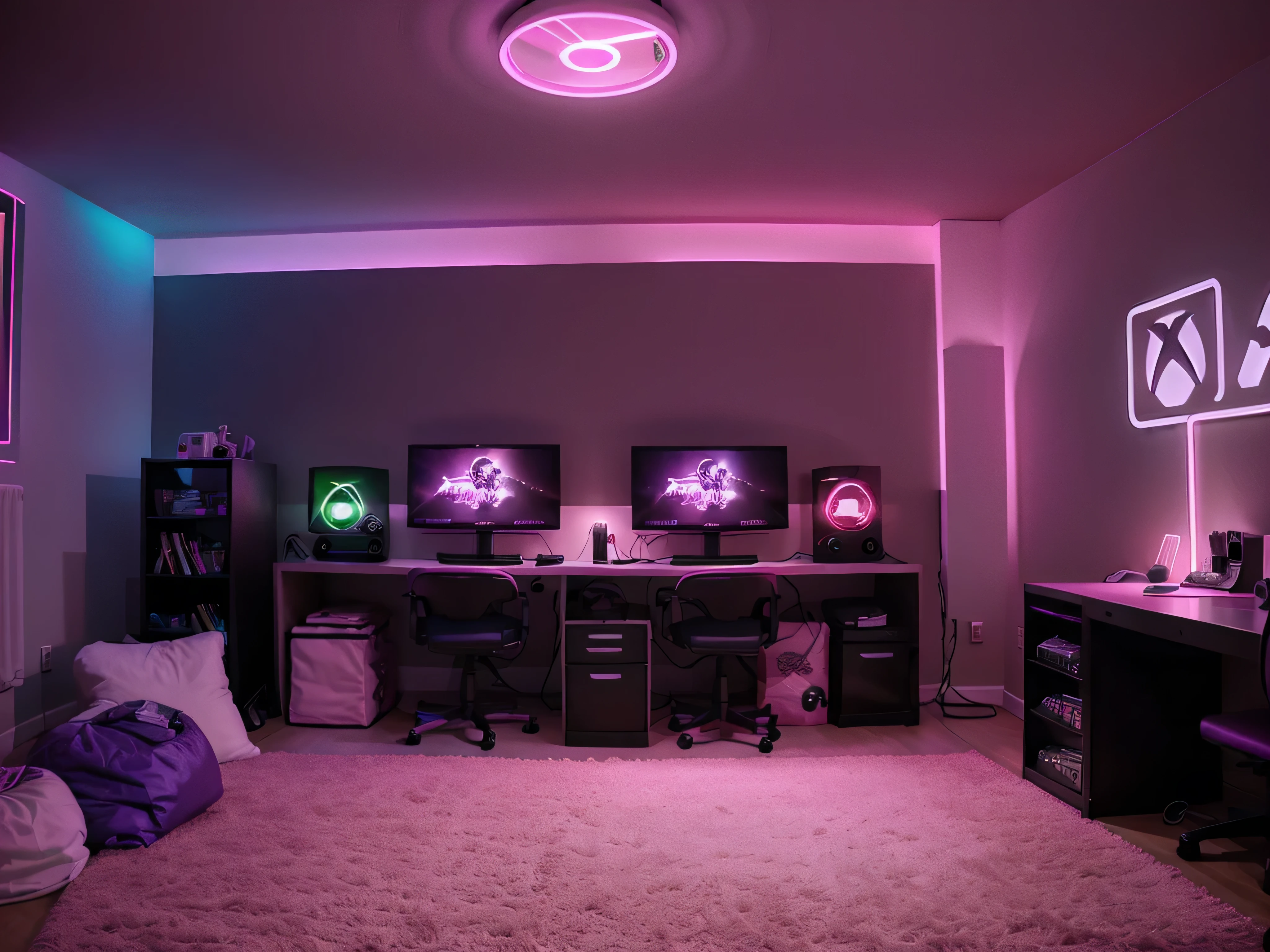 background, female gamer room, led light, neon, pink, purple, xbox, setup