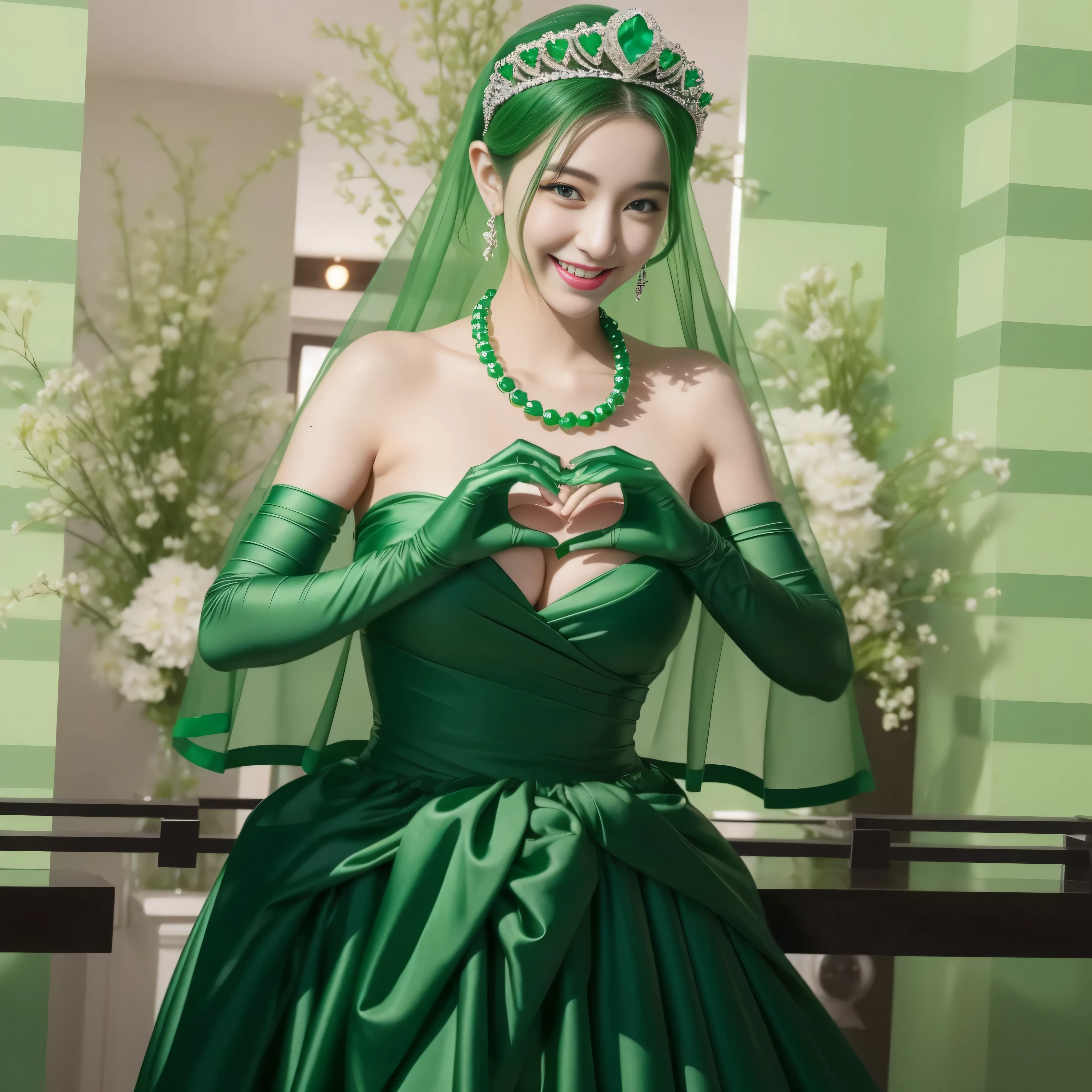 emerald tiara, Green Pearl Necklace, ボーイッシュな非常に短いgreen hair, lipstick, smiling Japanese woman, very short hair,  beautiful woman with big breasts, green eyes, green satin long gloves, green eyes, emerald earrings, Green veil, Heart with both hands, green hair, beautiful japanese woman, heart shaped hands:1.3, green lip gloss