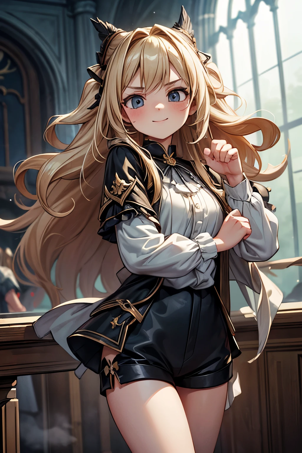 ((Masterpiece)), ((best quality)), (High Definition:1.3), (Professional Photography:1.2), 1girl, girl, (frizzy hair), silky blonde hair, (fighting pose), , smile, (Heavy-metal clothing), (ruffled), dark short shorts, pale thighs, lonely expression, (in The Great Hall of the Castle), (mist effect:1.3),