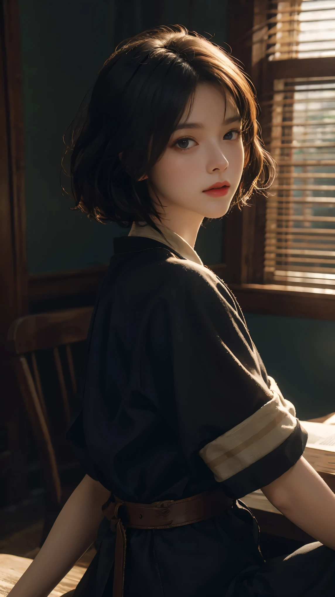 (RAW photos, top quality), (realistic, photorealistic: 1.3), highest quality, high definition, masterpiece, super detail, illustration, 1girl, upper_body, dynamic angle, world masterpiece theater, messy_long_hair, top quality, highly detailed CG Unity 8k wallpaper, ink, stunning, cinematic lighting, lens_flare, dunhuang_ style, ((short hair)), nice hairstyle