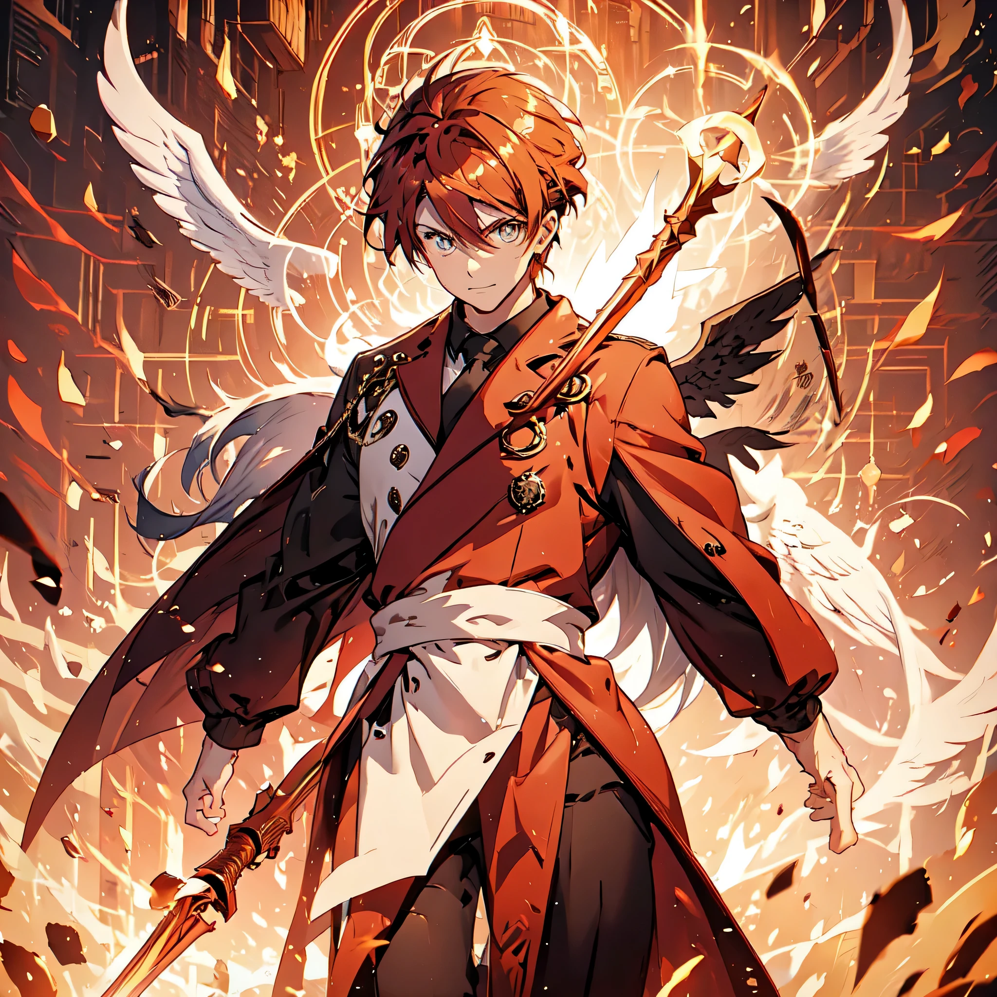 38 year old male, red and gold vest, holding a golden scythe, long orange hair, large angel wings, glowing eyes, 