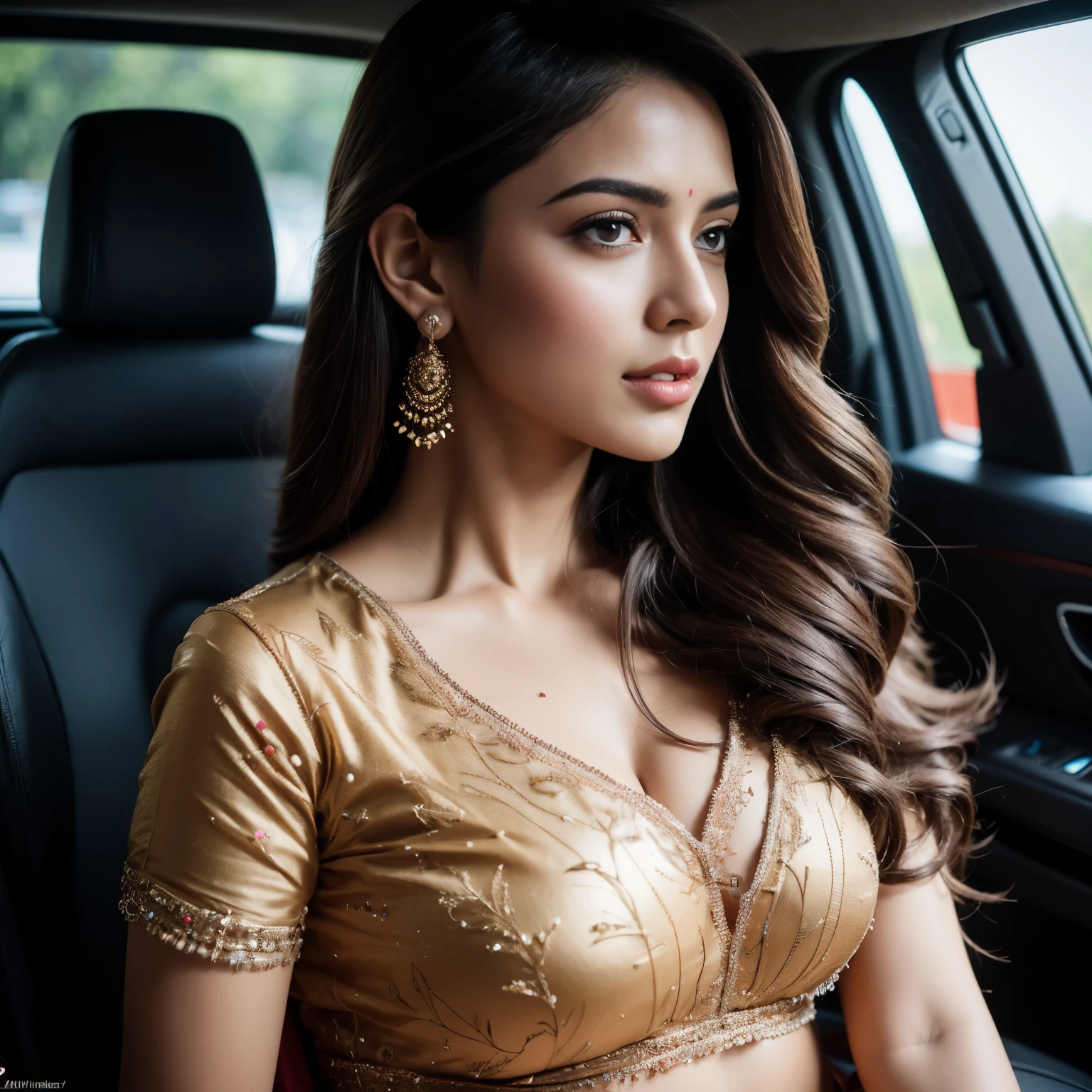 nude Portrait of A confident-looking Indian woman with long flowing hair, hazel eyes, with flowing capes, sitting in the car,wearing full red saree, c-cup brests, with perfect composition, hyperrealistic, super detailed, 8k, high quality, trending art, trending on artstation, sharp focus, studio photo, intricate details, highly detailed, art by greg rutkowski