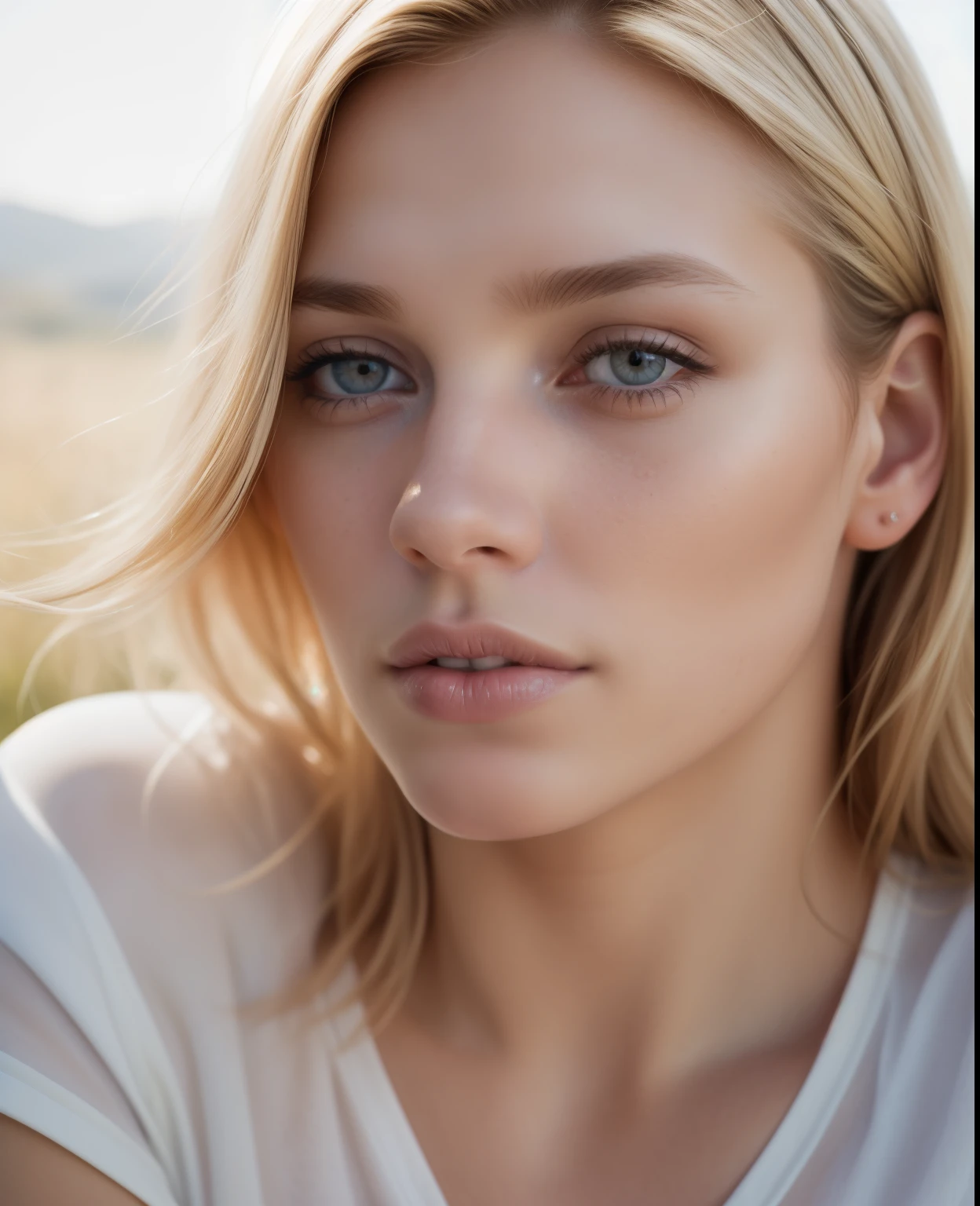 angel, armor gold (masterpiece, best quality, high resolution:1.4), 1girl, angel, skin pores texture, Hair blonde, HD , Photography, movie, cinematic, full Body, Realistic, (8k, RAW photo, best quality, masterpiece:1.2), (realistic, photo-realistic:1.33), best quality, detailed eyes blue, cute,natural lighting, depth of field, film grain, wrinkled skin, sharp, detailed and realistic portrait of a woman ,(freckles:0.5) , outside, wearing a white t shirt, staring at camera, chapped lips, soft natural lighting, portrait photography, magical photography, dramatic lighting, photo realism, ultra-detailed, intimate portrait composition, Leica 50mm,