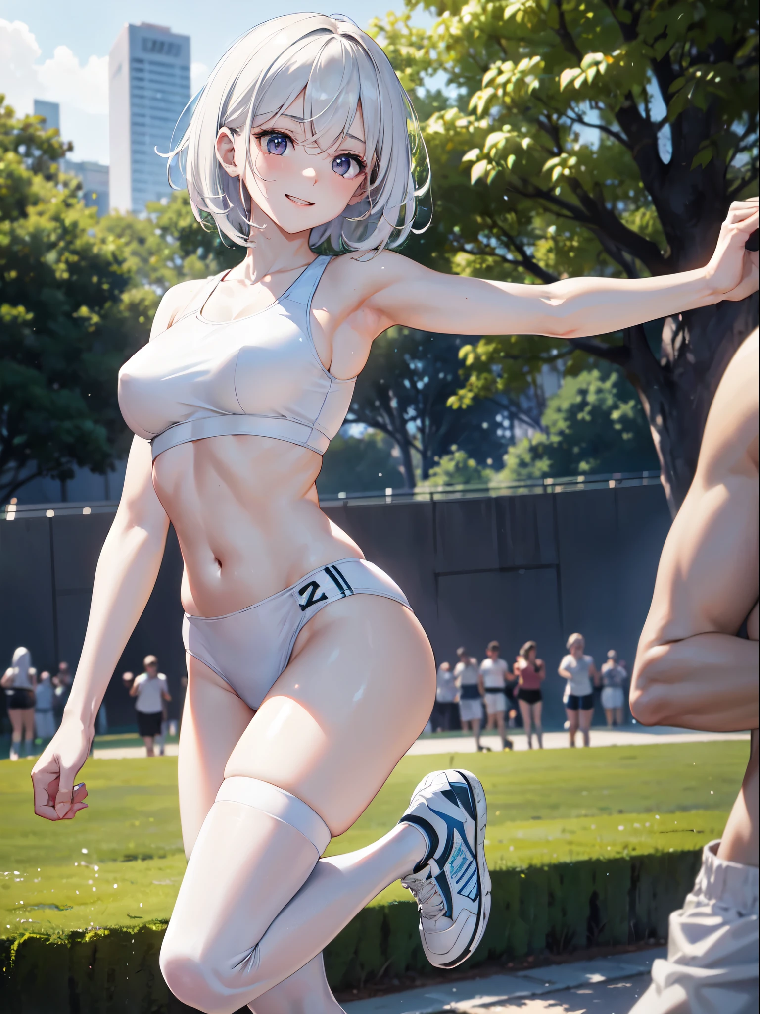 1 girl, (alone:1.2), ((masterpiece)), Slim, , pale skin, ((delicate eyes)), (bokeh effect), sweating, (dynamic angle), running, white hair, short hair, bare shoulders，Lilu&#39;s collarbone, armpit, (External), Smile, garden, sports,  thong，sports shoes，White knee socks，running，Crowds of people，b cup，white girls sports bra，high resolution，Super detailed