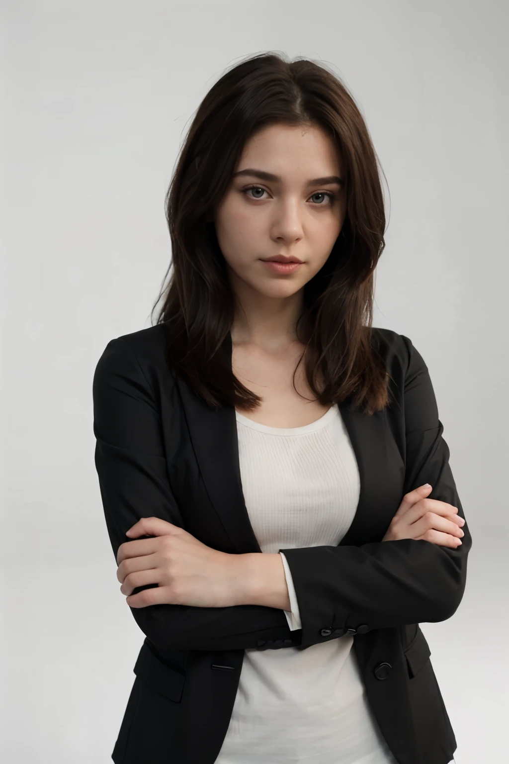 A 3D portrait, featuring 20 yrs old executive woman, cartoon character, black blazer, natural dark brown hair, arms crossed, solid white background, pixar render style--v5.2--s50--style raw--iw0.75--no eyeglasses