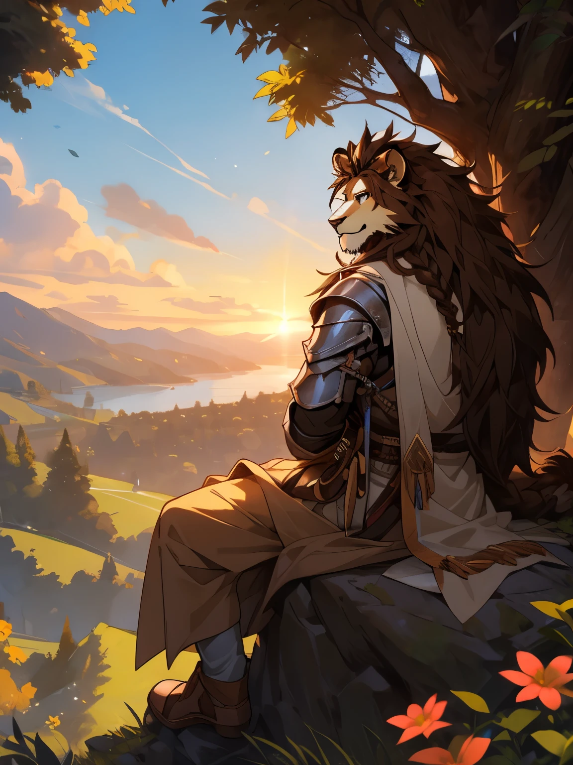 Amis, a young knight beastman lion dark brown mane with male braids light coat sitting on a rock on top of a cliff in a forest in the early morning. ele has his back to us, but his head is turned to the side so we can see his face also he wears an eye patch over his right eye. ele'is smiling at the sky as the dawn breaks, revelando um pouco de sol. In the background are hills, um prado com flores, and some trees. His mother'O anel e uma espada podem ser vistos ao lado dele