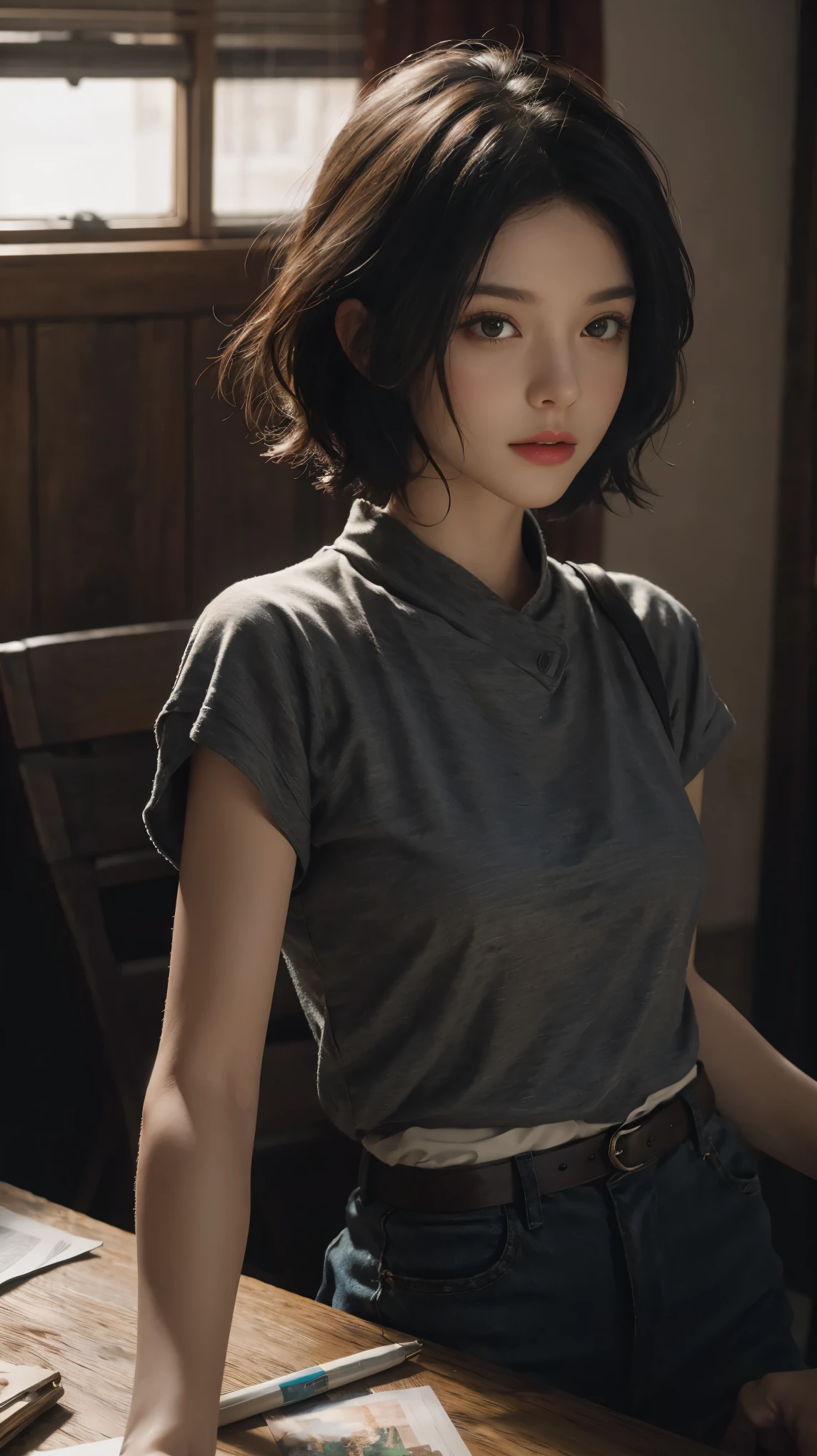 (RAW photos, top quality), (realistic, photorealistic: 1.3), highest quality, high definition, masterpiece, super detail, illustration, 1girl, upper_body, dynamic angle, world masterpiece theater, messy_long_hair, top quality, highly detailed CG Unity 8k wallpaper, ink, stunning, cinematic lighting, lens_flare, dunhuang_ style, ((short hair)), nice hairstyle