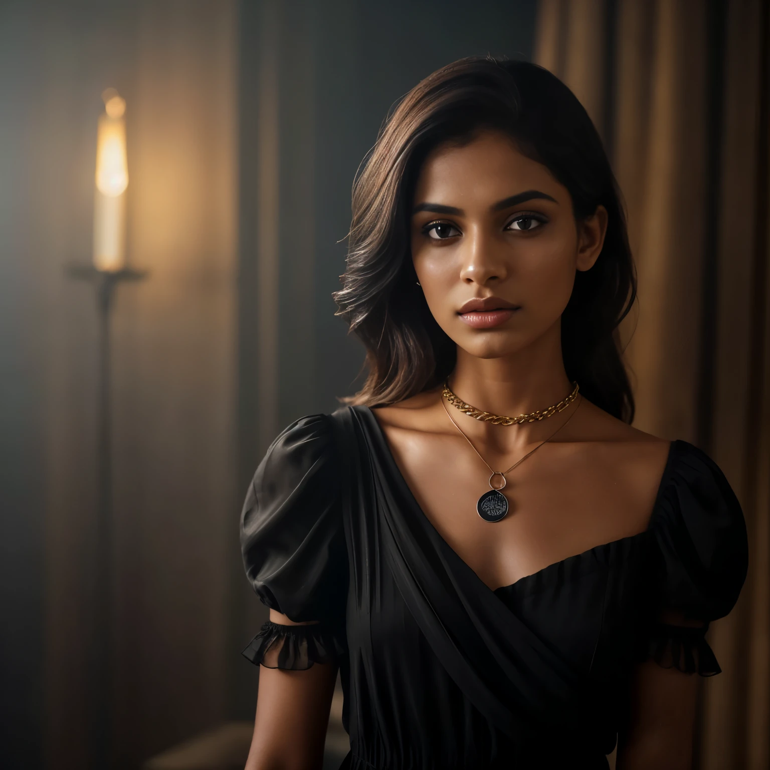 In this photograph, an Indian Instagram female model in her mid-20s takes center stage. , (highly detailed face:1.4) (smile:0.7) (backround 5 star hotel , moody, private study:1.OV, by lee jeffries, nikon d850, film stock photograph ,4 kodak portra 400 ,camera f1.6 lens ,rich colors ,hyper realistic ,lifelike texture, dramatic lighting , cinestill 800, realistic, wearing Black dobby weave self design fit & flare dress Sweetheart neck Short, puff sleeve Tie-up detail on back Above knee length in flounce hem Attached Lining Chiffon fabric, actress, karla ortiz, posing!!, candid picture, by Max Dauthendey,Completing the aesthetic, the model wears a slave collar with a chain around her neck. The photograph is meticulously captured in 8K resolution using cutting-edge techniques such as Cinema 4D and Octane Render, resulting in a highly detailed and photorealistic image. Studio lighting, HDR, and a smoky mist create a captivating ambiance, while the bokeh effect adds an artistic touch.