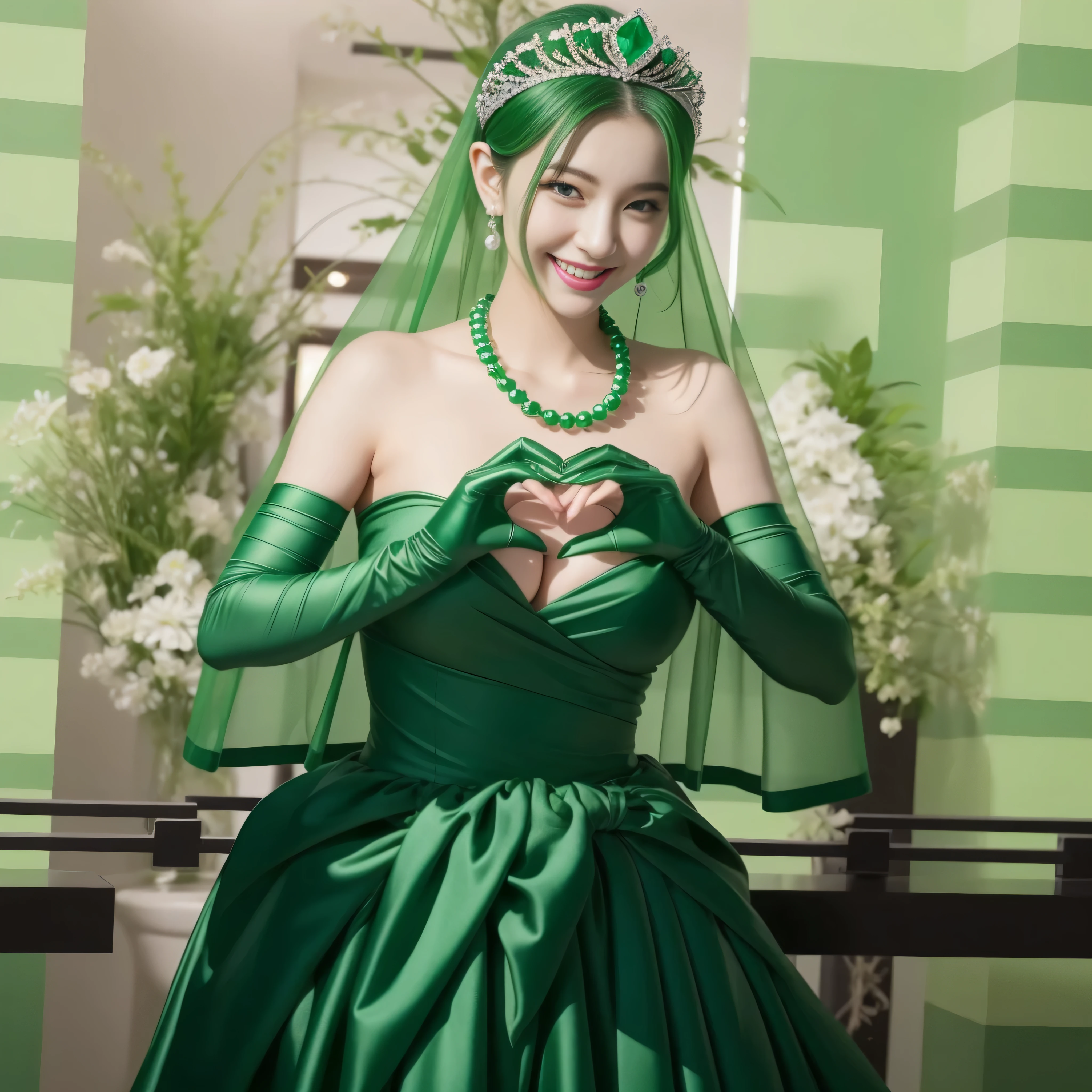 emerald tiara, Green Pearl Necklace, ボーイッシュな非常に短いgreen hair, lipstick, smiling Japanese woman, very short hair, beautiful woman with big breasts, green eyes, green satin long gloves, green eyes, emerald earrings, Green veil, Heart with both hands, green hair, beautiful japanese woman, heart shaped hands:1.3, green lip gloss
