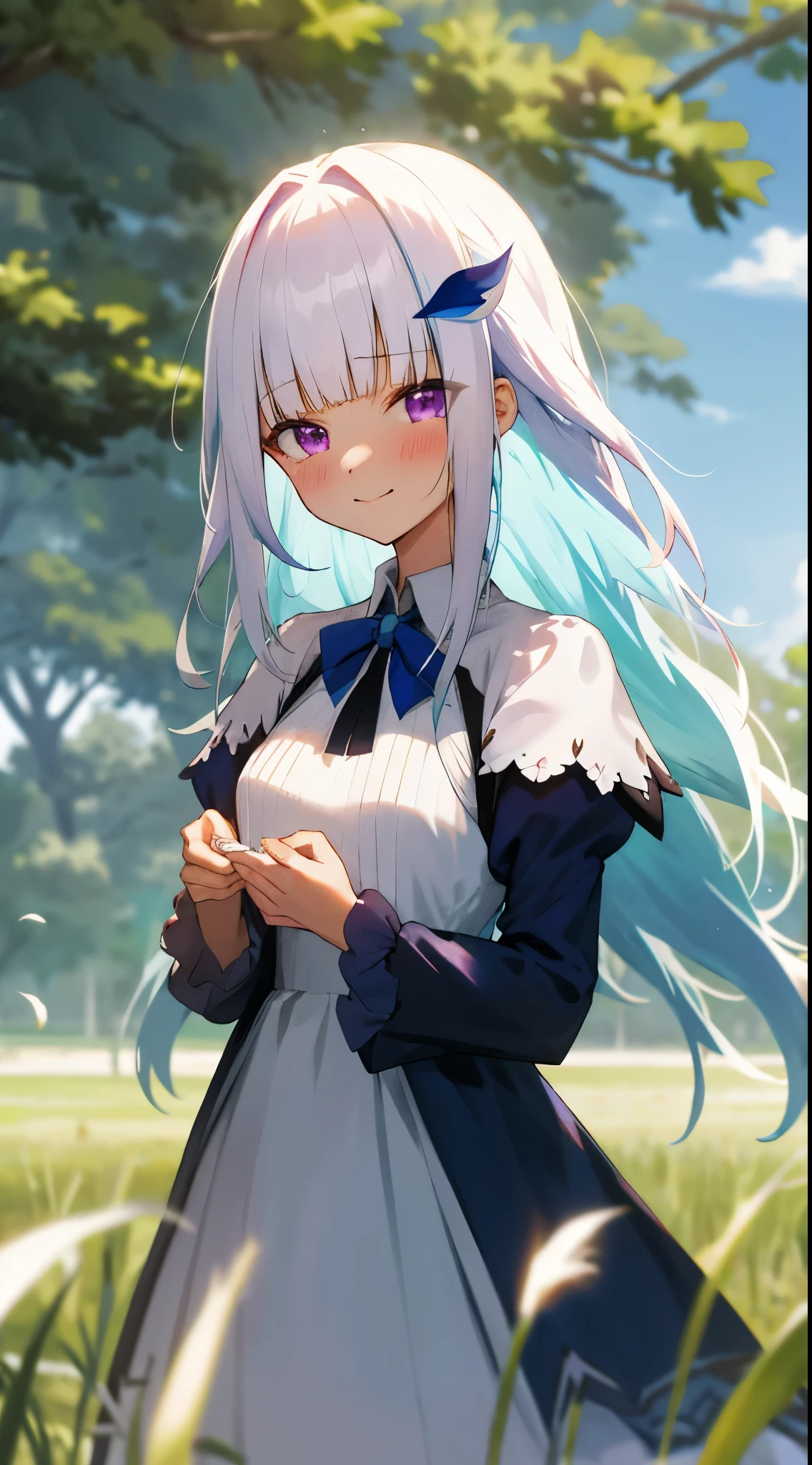 One girl with long hair, blunt bangs, white hair, blue inner hair:1.25) , purple eyes, looking at viewer, blushing, little smile, tears, white dress, bare hands, cloud, day, depth of field, field, grass, tree, standing, dizzy, mid-chest, depth of field, hair ornament, medium breasts, upper body, focus, blurry background