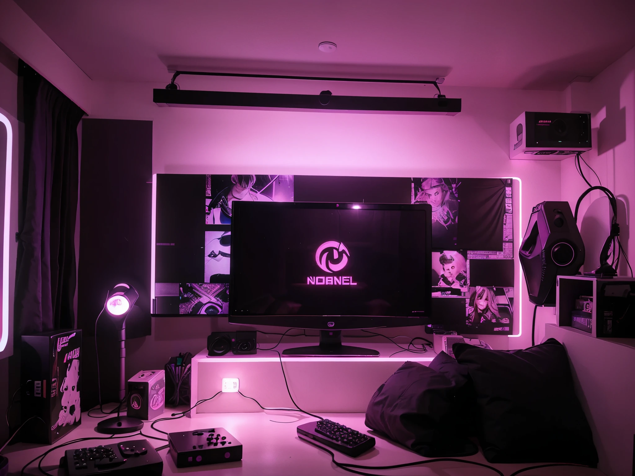 background, female gamer room, led light, neon, pink, purple, setup, webcam, decorations led
