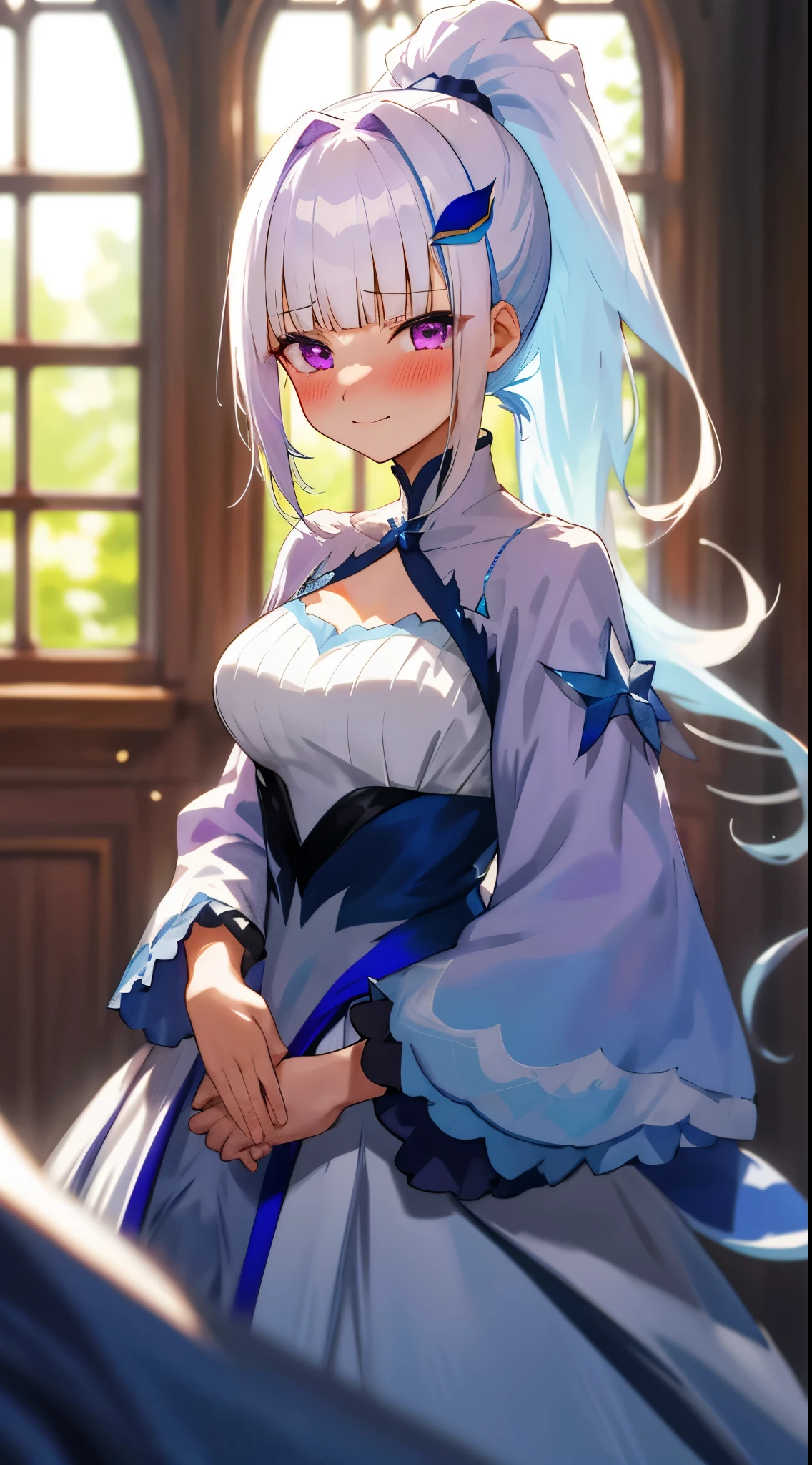 One girl with high ponytail hair, blunt bangs, white hair, blue inner hair:1.25) , purple eyes, looking at viewer, blushing, little smile, tears, night gown, bare hands, indoor, window, castle, standing, dizzy, mid-chest, night atmosphere, hair ornament, medium breasts, upper body, focus, blurry background