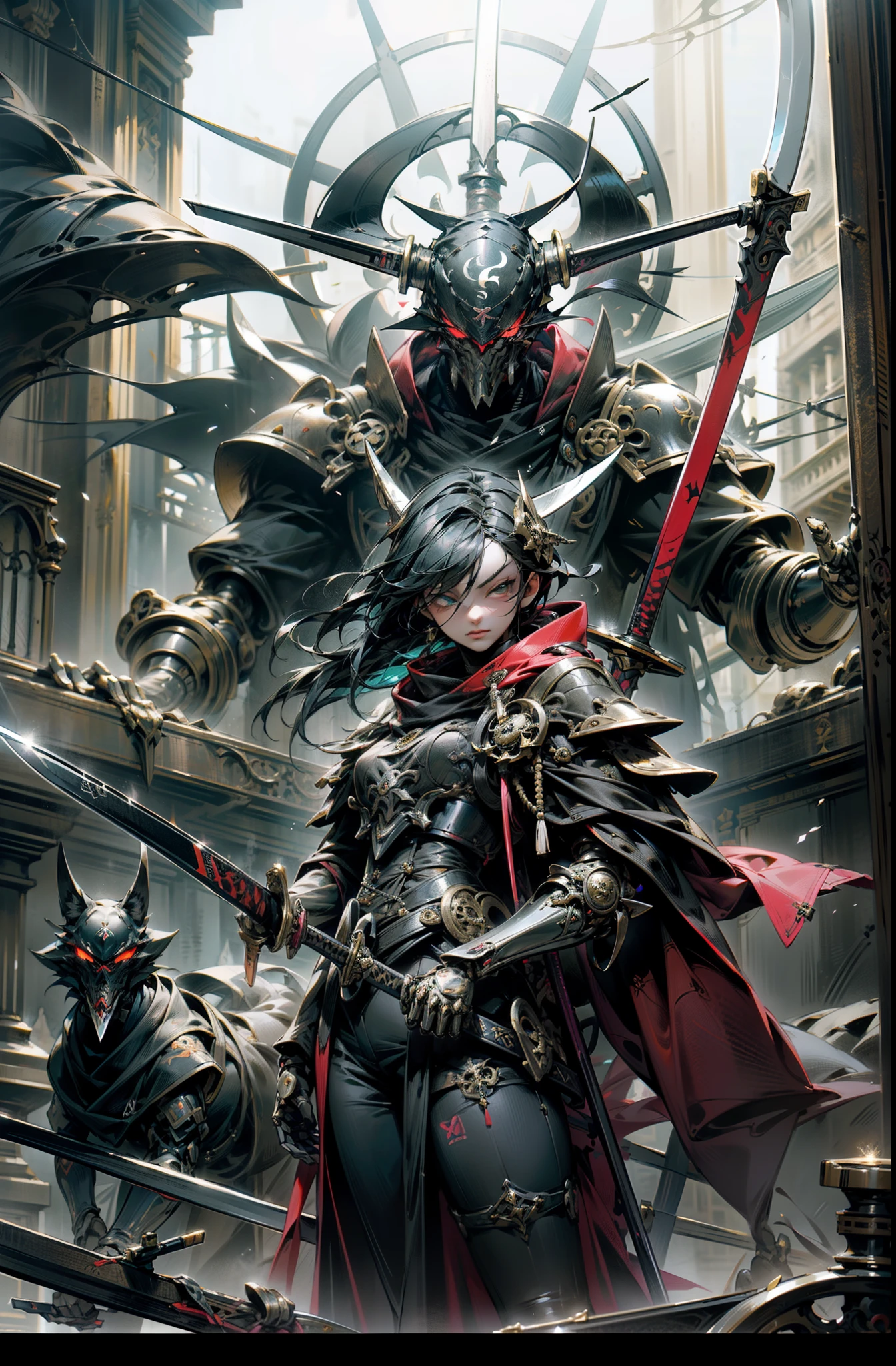 Dark gothic horror fantasy,ciberpunk futurista,(samurai sword, scythe blade, bandera de guerra sashimono, negro:1.1),1 hombre,mechanical wonder,Robotic presence,Cyber Warrior Guardian, wear a worn mechanical suit, incredibly complex metal [oxidado]), elegancia perfecta, Enfoque claro, Photography by Greg Rutkowski, cinematic lighting, Colores vibrantes, OBRA MAESTRA PERFECTA, ((calle)), tiro de vaquero, extremely dynamic pose, flores de cerezo ondeando al viento, Post-apocalyptic gothic feudal Japan background