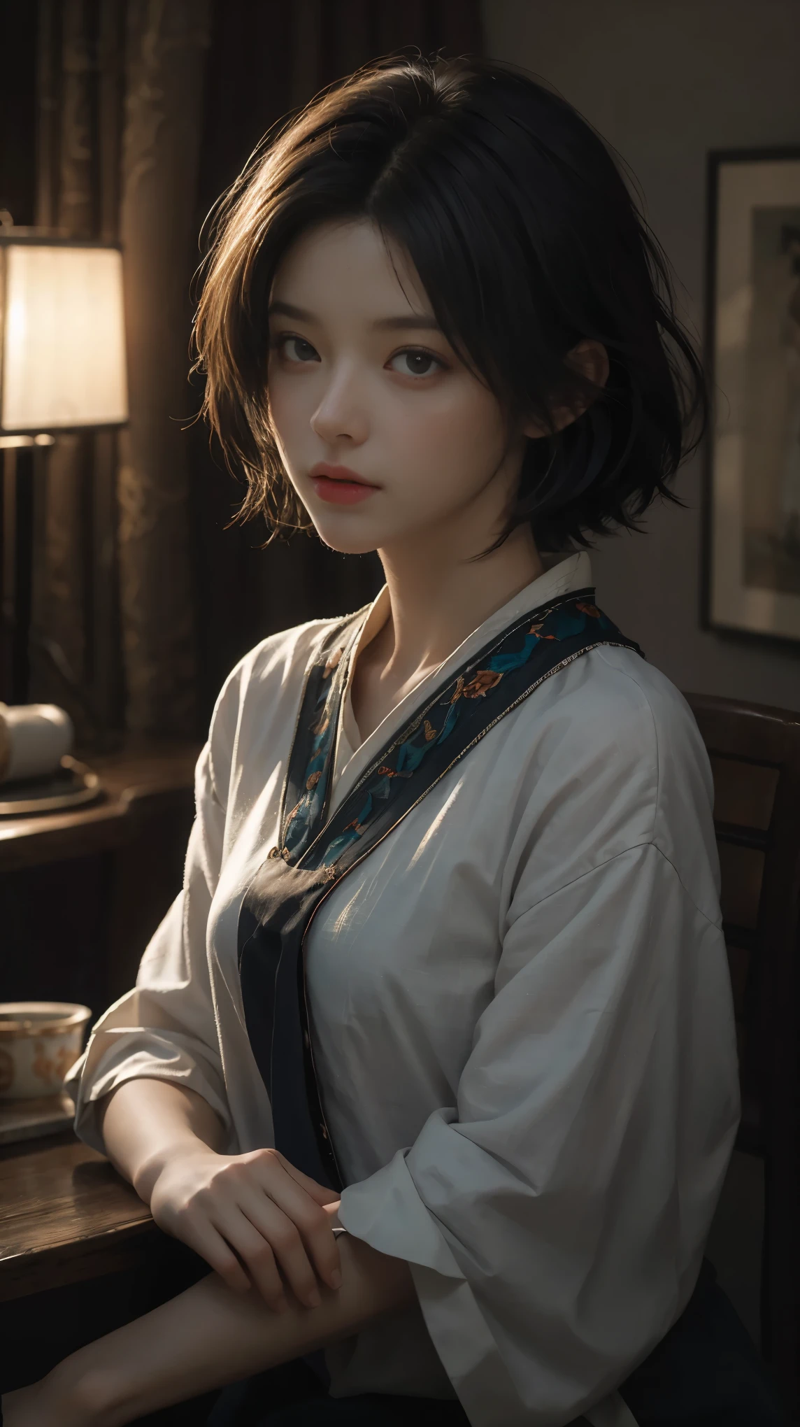 (RAW photos, top quality), (realistic, photorealistic: 1.3), highest quality, high definition, masterpiece, super detail, illustration, 1girl, upper_body, dynamic angle, world masterpiece theater, messy_long_hair, top quality, highly detailed CG Unity 8k wallpaper, ink, stunning, cinematic lighting, lens_flare, dunhuang_ style, ((short hair)), nice hairstyle