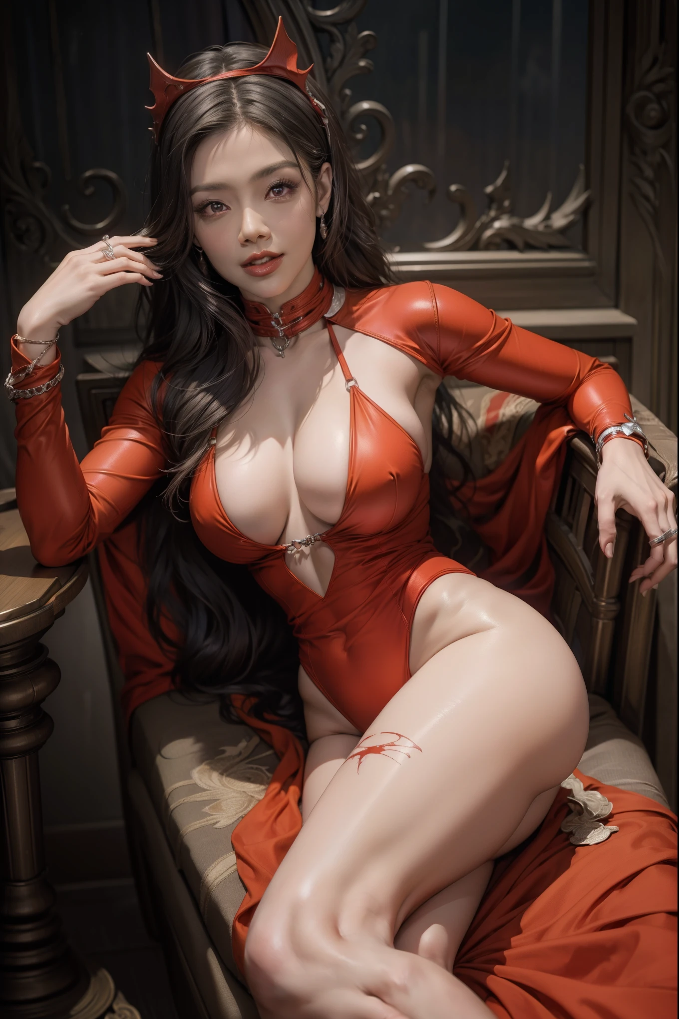 Sexy Indonesian Vampirella wearing a deep V red swimsuit, blood, night time, Indonesia graveyard background, bats, athletic and fit body, naughty, slutty, perfect hands, detailed hands, perfect eyes, detailed eyes, flirty, sexy, posing, large perky , Indonesian Horror Art Culture, realistic, HDR, UHD, dynamic