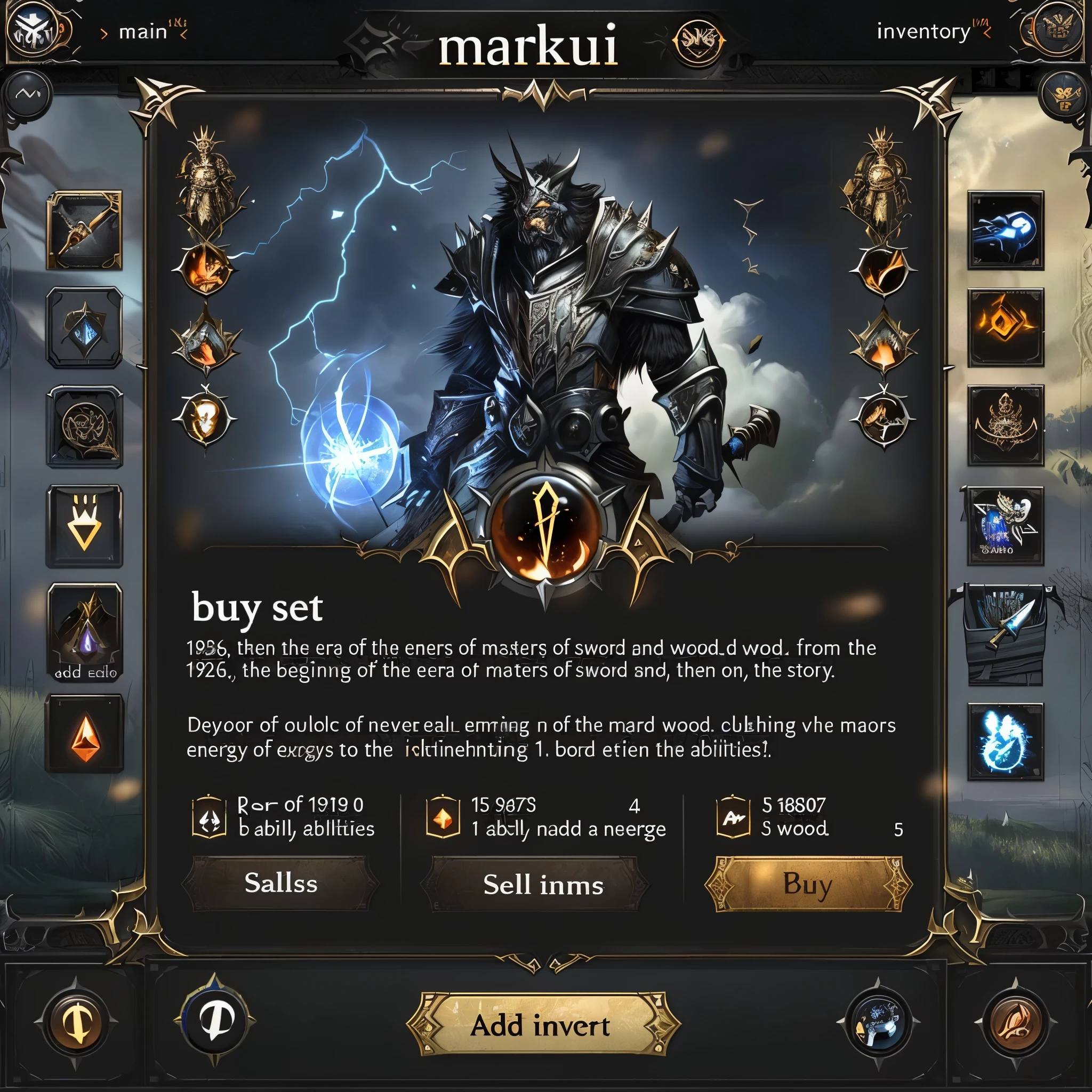 a close up of a screen shot of a hero in a game, ui card, game ui, pc game with ui, game ui asset design, game interface, gameplay screenshot with ui, game screen, detailed screenshot, mobile game asset, mobile game style, detailed game art, asset sheet, game asset sheet, incredible screenshot, powerful warrior