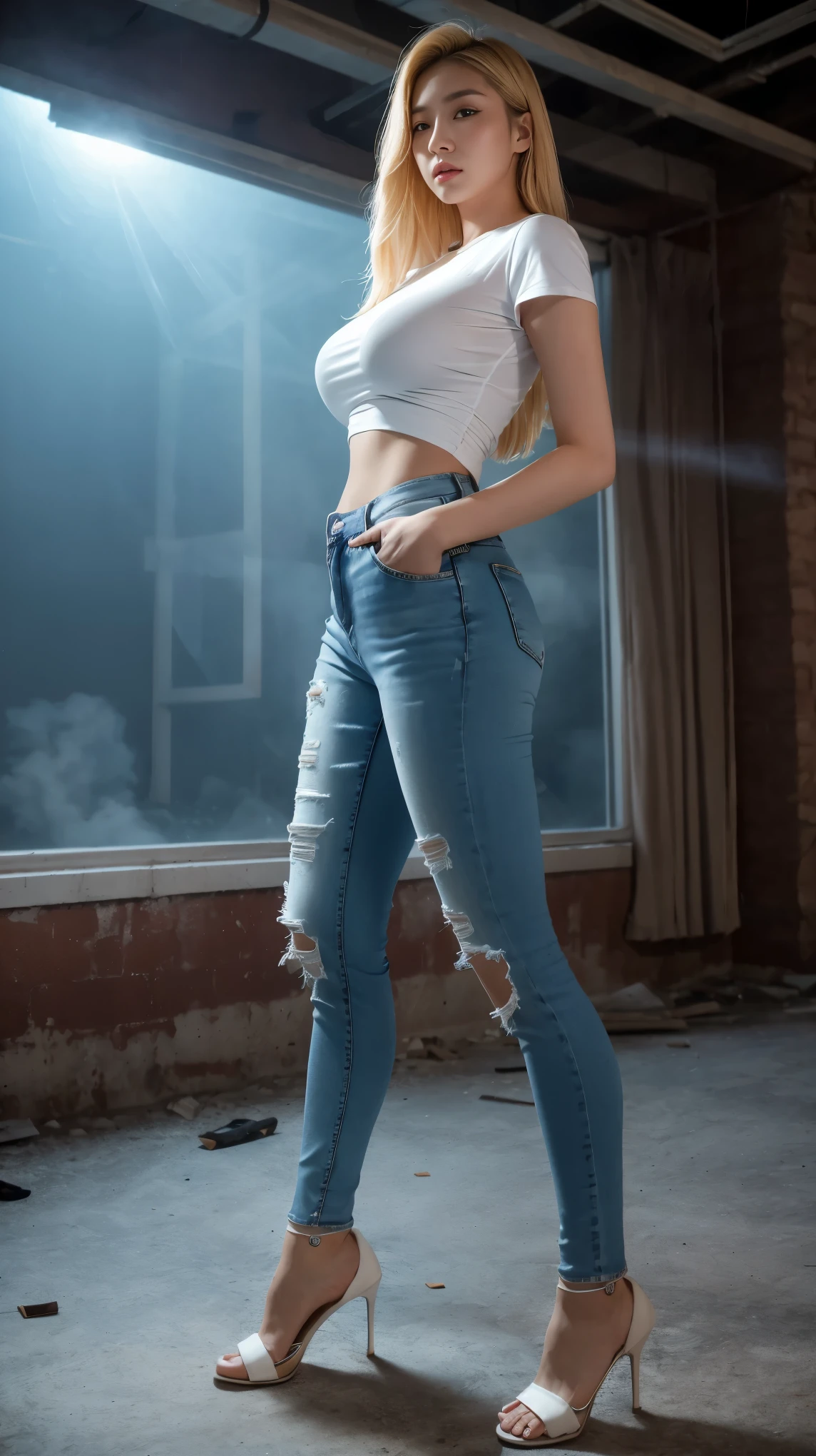 A korean sexy model, age 23 years old, 175 cm, long flowy blonde hair, perfect body, perfect waist, saggy gigantic tits, humongous breast, nipple piercing, navel piercing, wearing white tight short shirt and long skinny jeans pants, white tight short shirt, skinny jeans pants, long skinny denim pants, white spandex material shirt, high heels, long legs, open the legs, standing, sexy pose, attractive pose, full body, front view, night, in the night, the dark night, night view, night at large abandoned ruined mall, ruined floor, glass ceiling window, upstairs viewpoint with parapet, dynamic light, 8K, masterpiece, ultra detailed, flashlight, studio lighting, blue light and red light from the side, fogging, little bit smokey, movie scene, dramatic photo