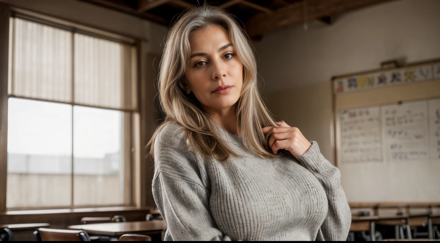 portrait of a 65-year-old woman with gray hair, top-quality, ​masterpiece, hight resolution, Photorealsitic, profetional lighting, ighly detailed, depth of fields, ((beautiful mature lady)), ((sixty years old)), Female sexy, ‎Classroom, ((Sweaters, skirt by the)), Detailed face, beautidful eyes, bangss, large breasts of good shape, Light Brown Straight Hair, Faint lips, ((Stand forward、gazing at viewer, Serious face)), cowboy  shot, sharp,