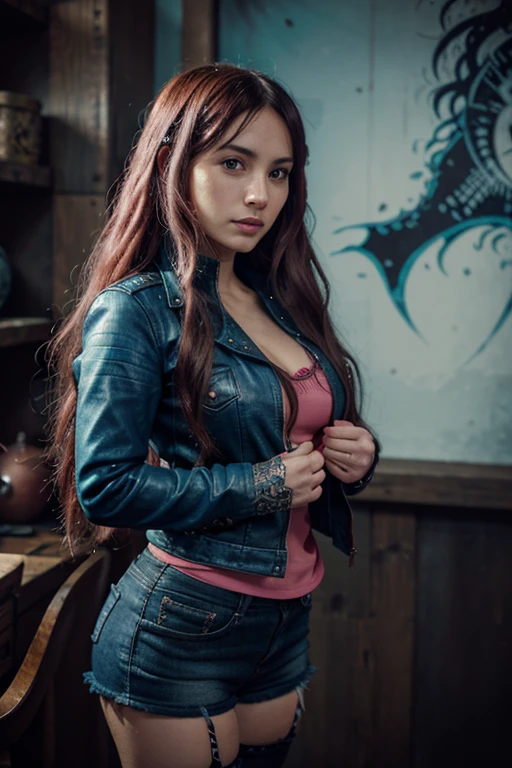 Very detailed illustration in anime style of an adult woman wearing rocker clothes, mermaid, red denim leather jacket, extremely detailed face, (very detailed blue, wavy, long hair), scary dungeon environment, slimes, (secret of mana), (mushoku tensei mixed with dungeons and dragons), JRPG, art by MSchiffer, pixiv, konachan, high contrast, flat colors, cel shaded.