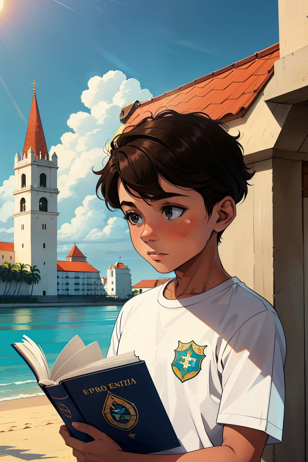 Picture Prompt: A young boy in Espírito Santo state flag colors peers intently at an open book on the sandy beach of Vitória, Brazil. The imposing Convento da Penha stands tall in the background, its white walls contrasting sharply with the deep blue sea and the vibrant green palm trees dotting the shoreline. The city hall of Vitória, with its red-tiled roof and ornate facade, can also be seen in the distance.
The boy, with his sun-kissed skin and tousled brown hair, is completely absorbed in the pages of his book. His shirt, a beautiful representation of the Espírito Santo flag, flutters gently in
