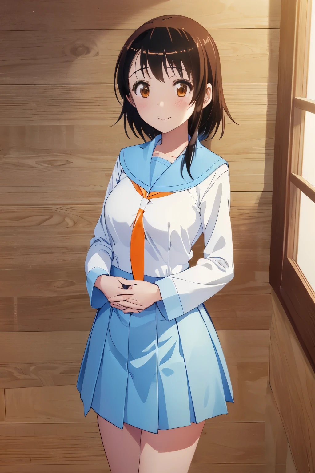 (Highly detailed CG Unity 8k wallpaper), (masterpiece), (highest quality), (Super detailed), (best illustrations), (confused), 1 girl, alone, Kosaki watcher, (Long-sleeved school uniforms:1.1), Light blue collar, serafuku, orange long tie, (light blue skirt:1.1), looking at the viewer, smile, blush, open clothes, (hold your hands in front of your chest:1.3)