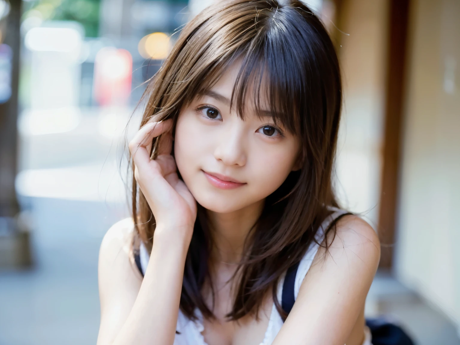 1人、on tokyo street、A city scape、The upper part of the body、a closeup、A smile、、(8K、Raw photography、top-quality、masterpiece:1.2)、(realisitic、photoRealstic:1.37)、Highly detailed eyelash drawing、(((Top image quality))),small tit、Fine skin, (Beautiful hair), (Perfect Anatomy), (Realistic), (Dynamic Angle), Pose Seductive,Perfect,Sensual look、top-quality、hight resolution、Happy smile