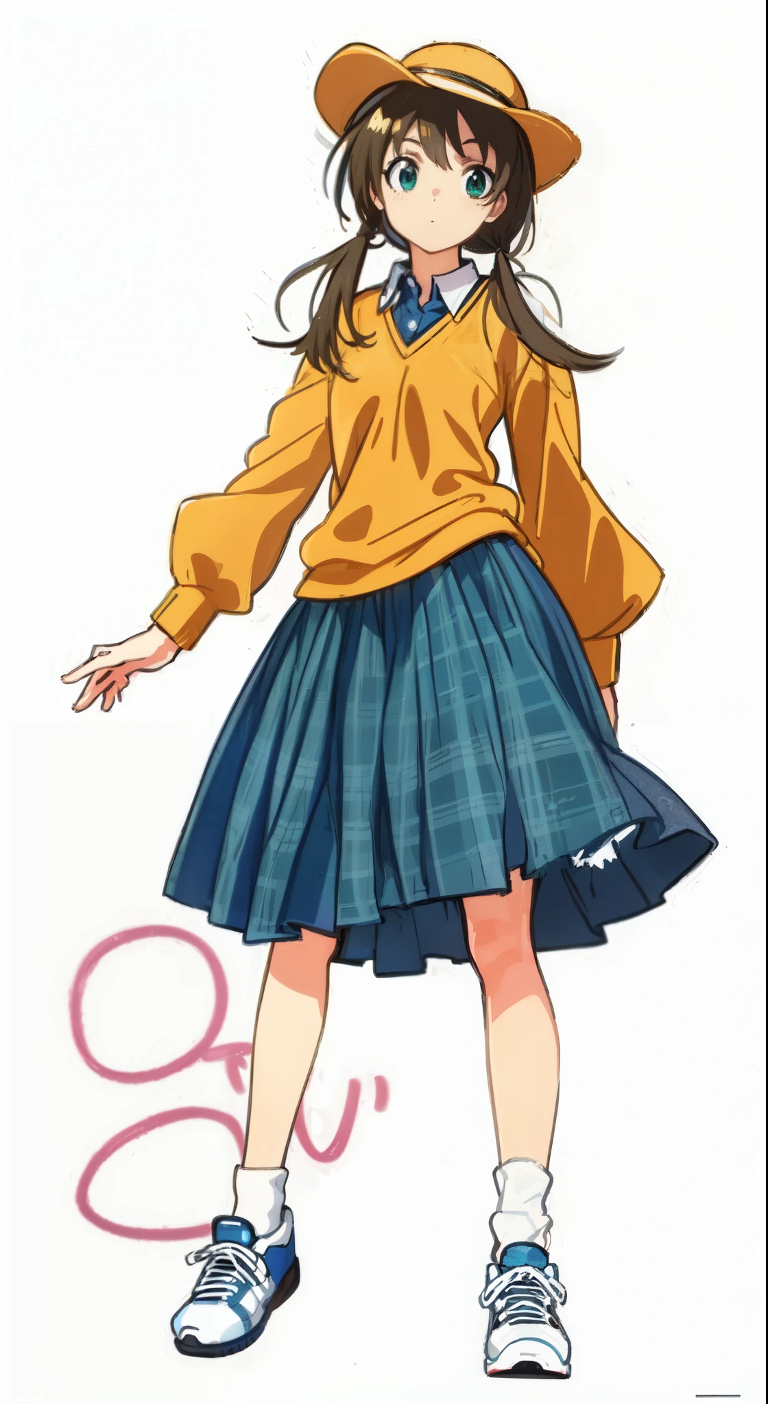 (white background:1.0), (best quality:1.0), (masterpiece:1.0), (super fine illustration:1.0), (beautiful artwork:1.0), (anime screencap:1.0), (official art:1.0), (full body:1.0), (solo:1.0), (ESGA:1.0), (a 12yo cute girl:1.0), (yellow hat:1.25), (red backpack:1.0), (long skirt:1.0), (green tartan skirt:1.0), (pleated skirt:1.0), (aqua blue polo shirt:1.0), (long sleeve polo shirt:1.0), (sneakers:1.0), (white socks:1.25), (ideal ratio body proportions:1.25), (lanky:1.25), (tall:1.25), (slender:1.25), (small breasts:1.25), (smaller face:1.25), (tareme:1.0), (detailed beautiful eyes:1.0), (detailed beautiful face:1.0), (glowing black eyes:1.0), (short hair:1.0), (low twintails:1.0), (black hair:1.0), (standing:1.0), (looking at viewer:1.0)