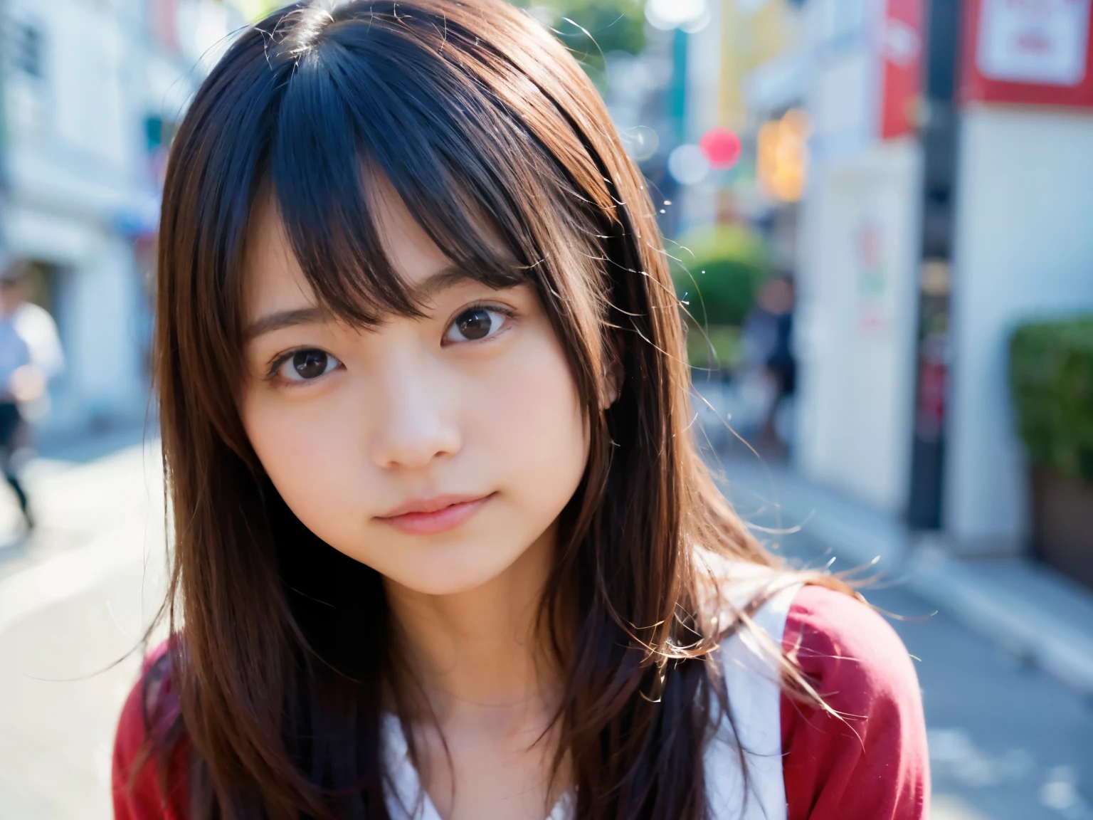 女の子1人、on tokyo street、A city scape、The upper part of the body、a closeup、A smile、、(8K、Raw photography、top-quality、masterpiece:1.2)、(realisitic、photoRealstic:1.37)、Highly detailed eyelash drawing、(((Top image quality))),small tit、Fine skin, (Beautiful hair), (Perfect Anatomy), (Realistic), (Dynamic Angle), Pose Seductive,Perfect,Sensual look、top-quality、hight resolution、Happy smile