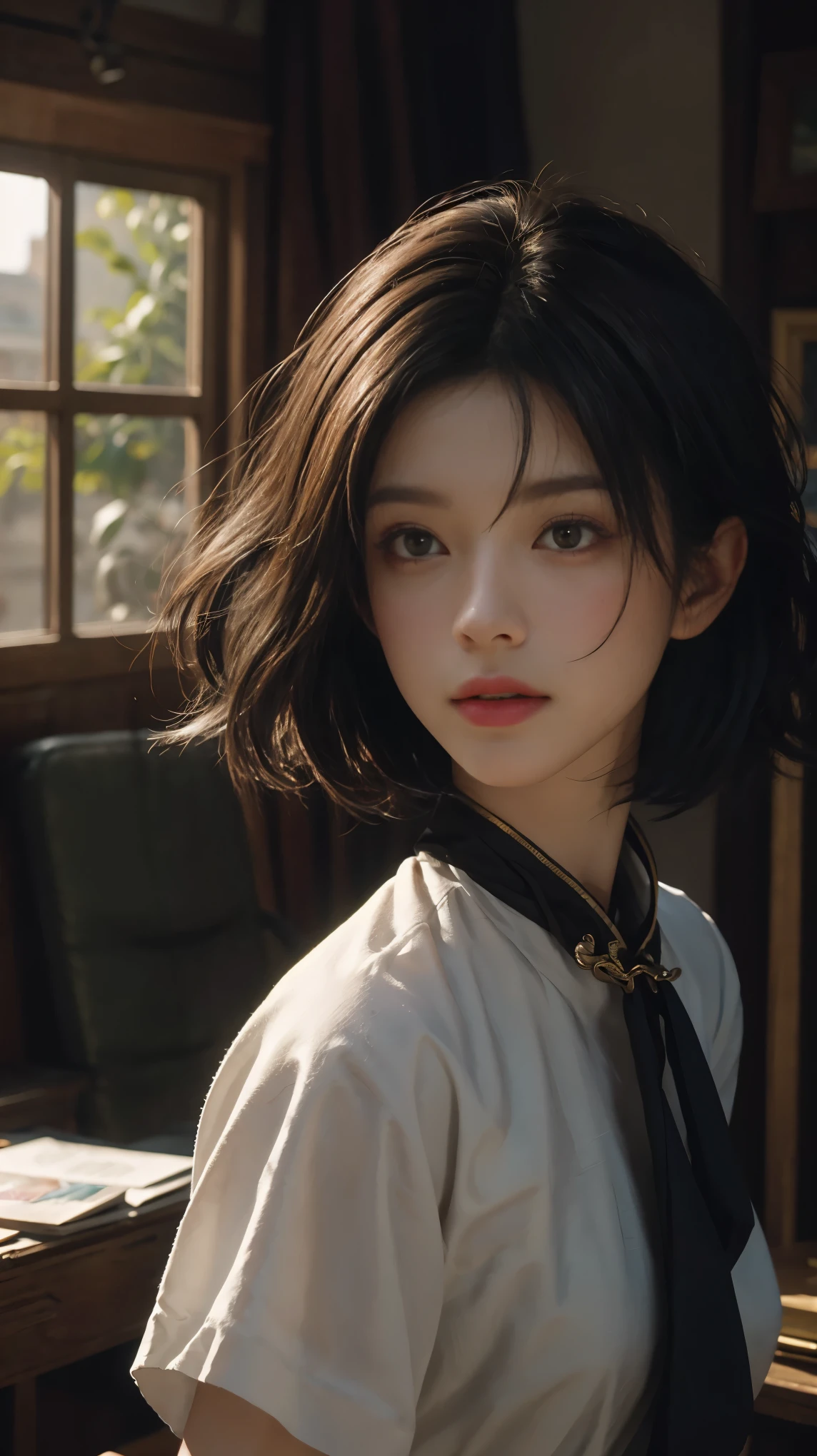(RAW photos, top quality), (realistic, photorealistic: 1.3), highest quality, high definition, masterpiece, super detail, illustration, 1girl, upper_body, dynamic angle, world masterpiece theater, messy_long_hair, top quality, highly detailed CG Unity 8k wallpaper, ink, stunning, cinematic lighting, lens_flare, dunhuang_ style, ((short hair)), nice hairstyle