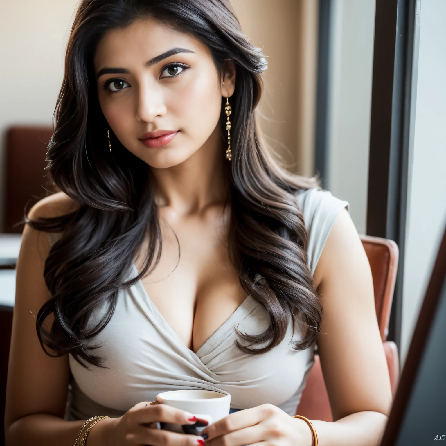 Portrait of A confident-looking indian girl with long flowing hair, having coffee at coffee shop,hazel and brown eyes, c-cup breasts,bokeh, perfect composition, hyperrealistic, super detailed, 8k, high quality, trending art, trending on artstation, sharp focus, studio photo, intricate details, highly detailed