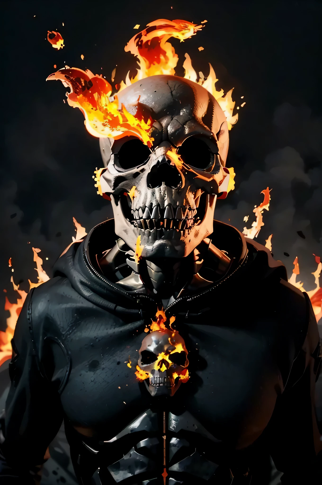 Create 1 realistic 3D boss character skeleton head with mouth open and breathing fire. Abstract dark scenery with fire.