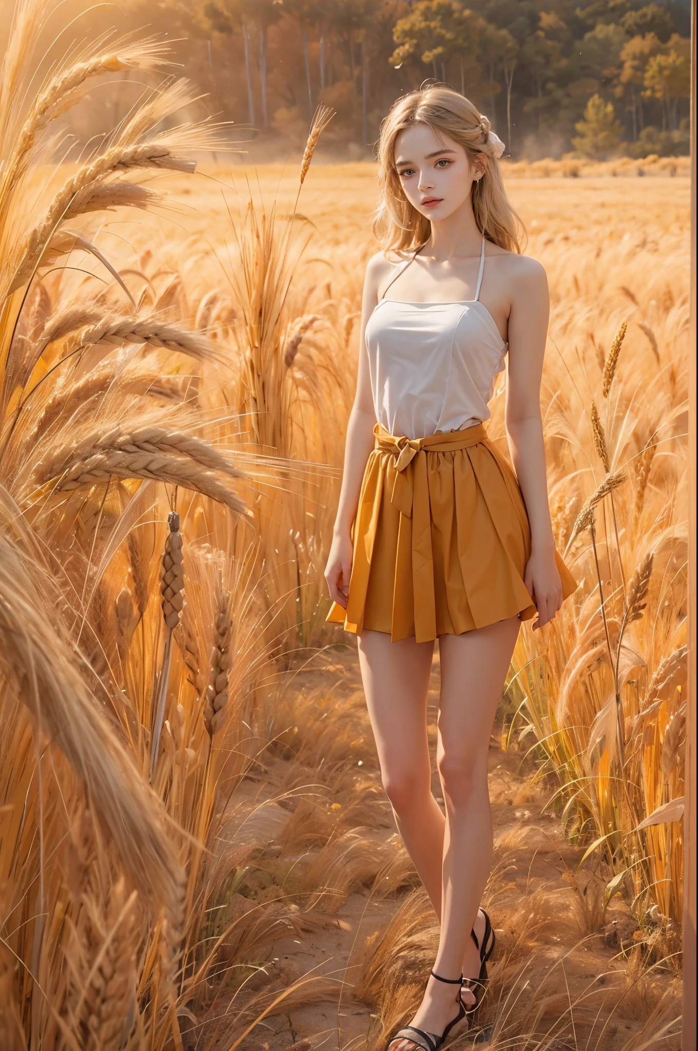 masterpiece, best quality, high quality, High definition, High quality texture, High quality shadow, high detail, beautiful detailed, finely detailed, extremely detailed cg, detailed texture, a realistic representation of the face, realistic, colorful, delicate, sharp focus, (intricate details, makeup, PureErosFace_V1:0.5), (detailed beautiful delicate face, detailed beautiful delicate eyes, a face of perfect proportion, high detailed skin, detailed skin, best ratio four finger and one thumb, skiny and thin:1.3), 1girl, 17 years old, tall, (smooth_abs:1.55), (abs:0.5), pretty, masterpiece, highres, (long_skinny_legs), (straight_legs), (skinny_waist), (((fair skin))), white skin, (((pale skin))), (Emma_watson), big_breast, (((Caucasian))), Light blonde hair, orange Bandeau, orange short pleated dress, standing legs apart, looking at viewer, full body, portrait of cute blonde girl, standing on a wheat field (((looking away))), bloom, orange fog, motion, wispy hair, realism, high-quality rendering, stunning art, high quality, film grain, Fujifilm XT3, dreamy