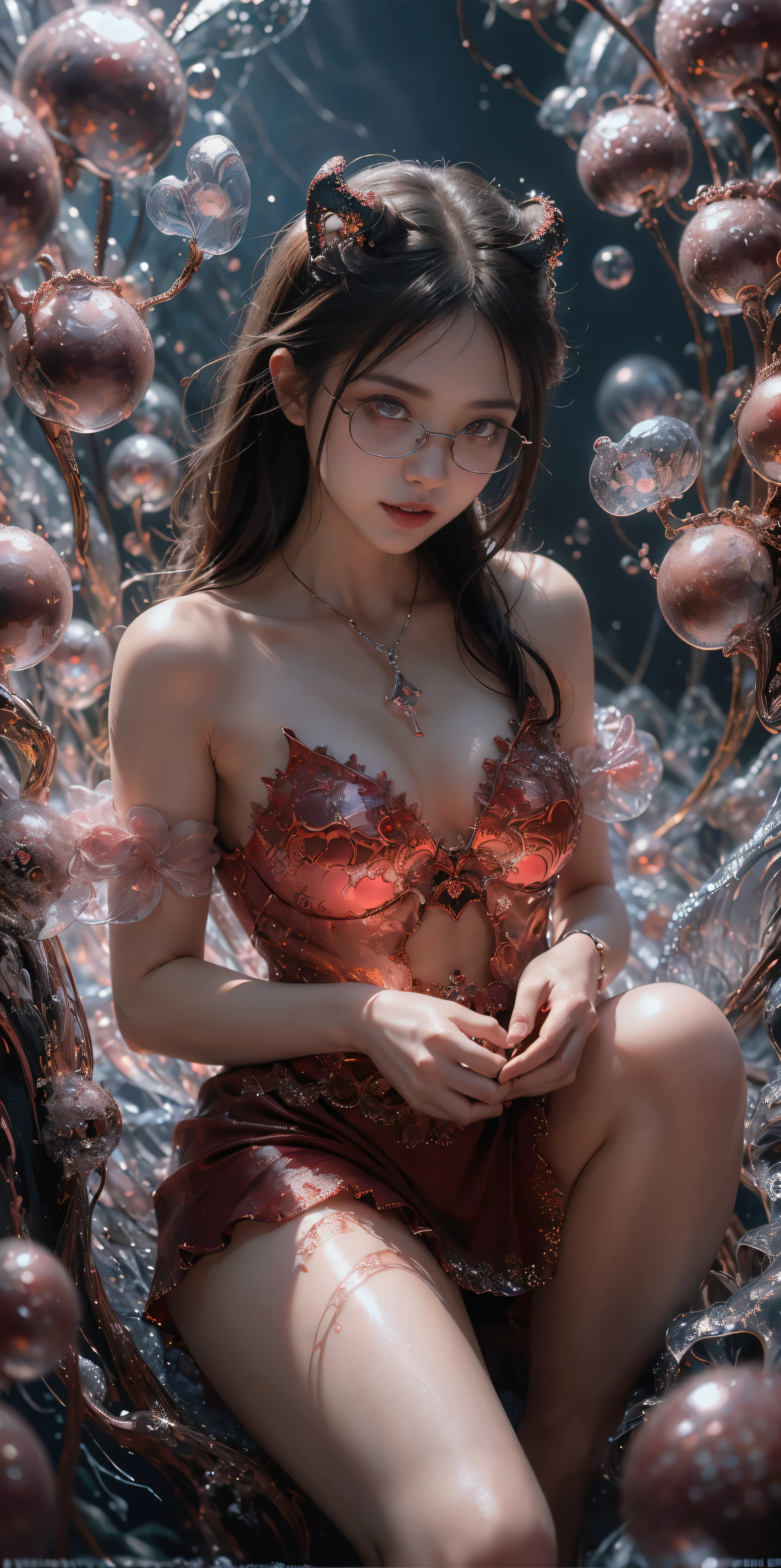 (The best illustrations)、realisitic、ultra-detailliert、The best lighting、Best Shadows、alluring succubus, ethereal beauty, perched on a cloud, (fantasy illustration:1.3), enchanting gaze, captivating pose, delicate wings, otherworldly charm, mystical sky, (Luis Royo:1.2), (Yoshitaka Amano:1.1), Dungeon and Dragon、caves、Dungeon、 A Necromancer、natta、Dark style、Succubus、Devil's Daughter、Bat Wings,(((Demon Hornlack-rimmed round glasses))))、(red eyes glowing:1.6)、beautiful countenance、Tindall Effect、(High Detail Skins:1.2) absurderes、Ponytail distortion、jewely、Beautiful expression、Toned waist、Wide buttocks、Tindall Effectmasuter piece、top-quality、Highest Standards、Top image quality、masutepiece、intricate detailes、High resolution、Depth Field、natural soft light、profetional lighting、Great smile、(High Detail Skin: 1.2)、photorealistic anime girl render、Strong highlights of the eyes、Perfect Anatomy、crotch open、Shy、Spreading your legs、Panties are visible、Skirt flipping、Body shiny with oilerectile nipple))、8K resolution、intricate clothing、Intricate details、Panties visible through the skirt、Panties in full view、Small panties, pink nipple, pink pussy