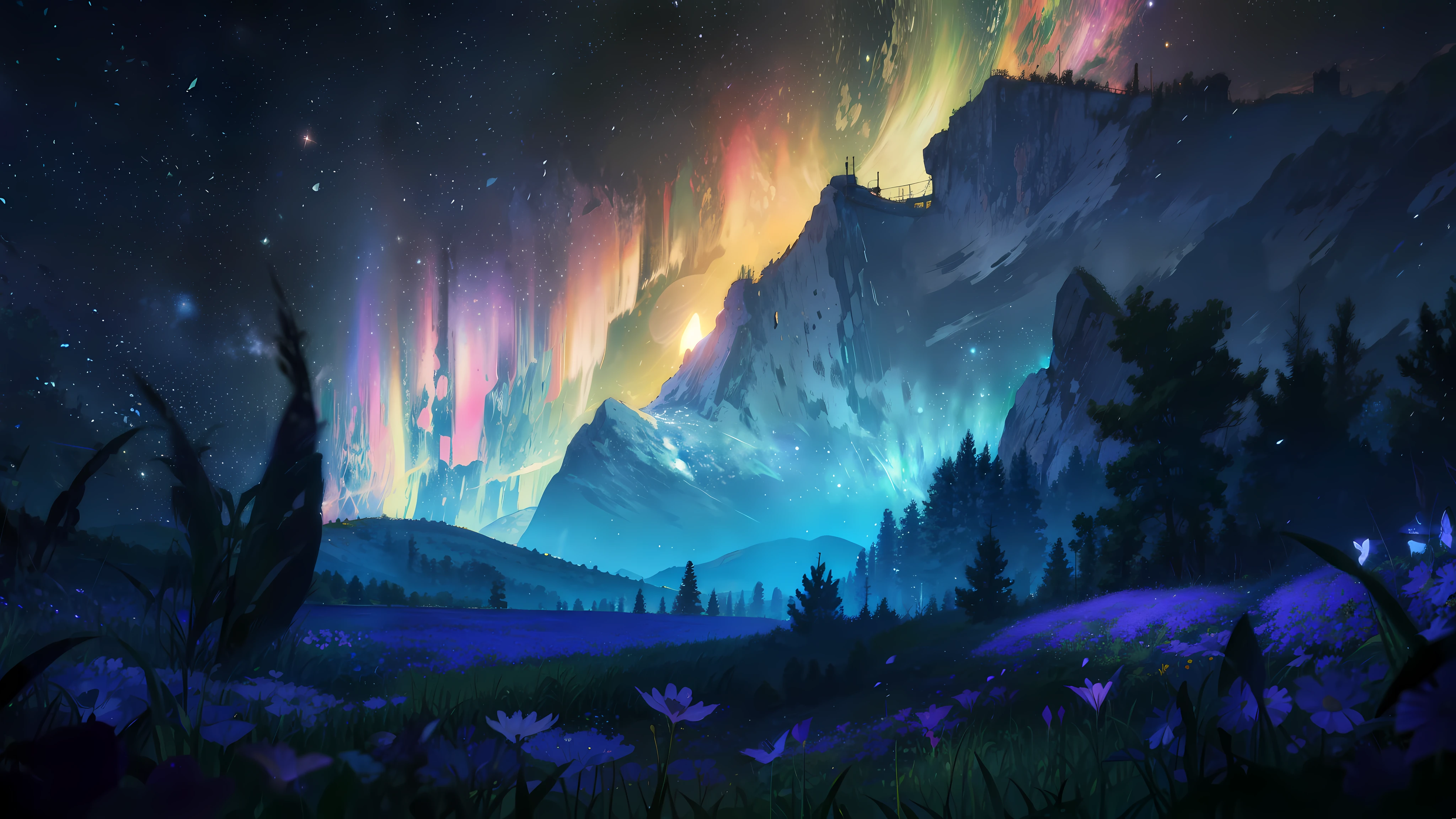"tmasterpiece,top Quority,offical wallpaper,winning artwork,Top-down view,1 Tape,Aftershadow,In a sea of flowers,Stargazing,As estrelas,themoon,meteors,Colorful shooting stars,Hair satisfied, an beautiful,4K"