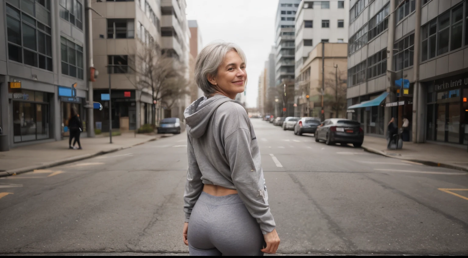 photo of a 65-year-old woman with gray hair, wearing casual shirt with a hoodie and leggings, city street, messy medium hair, slim body, view from back, medium upper body shot, looking at the camera, cute smile, shallow depth of field
