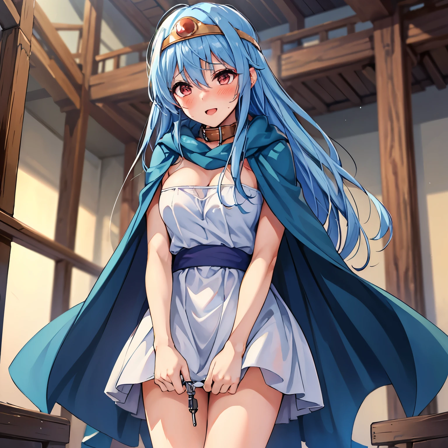 (Realistic, Photorealistic), soft lines, in a dark and gloomy world, from front, from below, face focus, (close-up:1.1), blurry background, yo 1girl, (ba clothed, sage \(dq3\), blue hair, white dress, cape, red eyes, circlet, sit, break, stroll_with_pet, (viewer holding leash, leash:1.2), squatting,open legs, (orgasm face:1.3), (tired), (blush your nose), in cave, masterpiece, high quality, best quality, beautiful, hd, perfect lighting, detailed face, detailed body, masterpiece, best quality, intricate details, 8k uhd, perfect face, perfect eyes