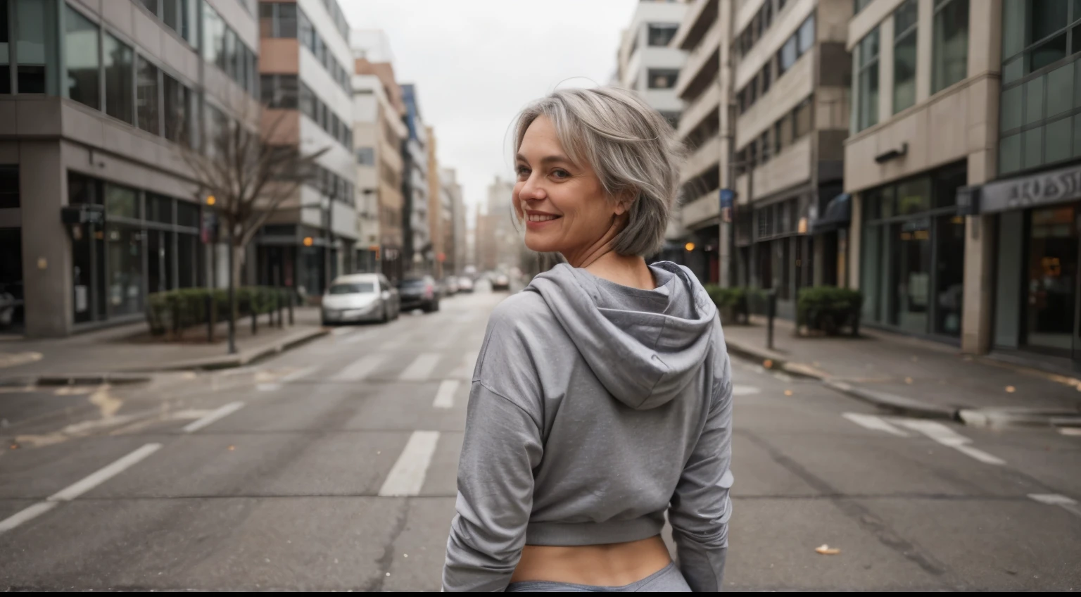 photo of a 65-year-old woman with gray hair, wearing casual shirt with a hoodie and leggings, city street, messy medium hair, slim body, view from back, medium upper body shot, looking at the camera, cute smile, shallow depth of field