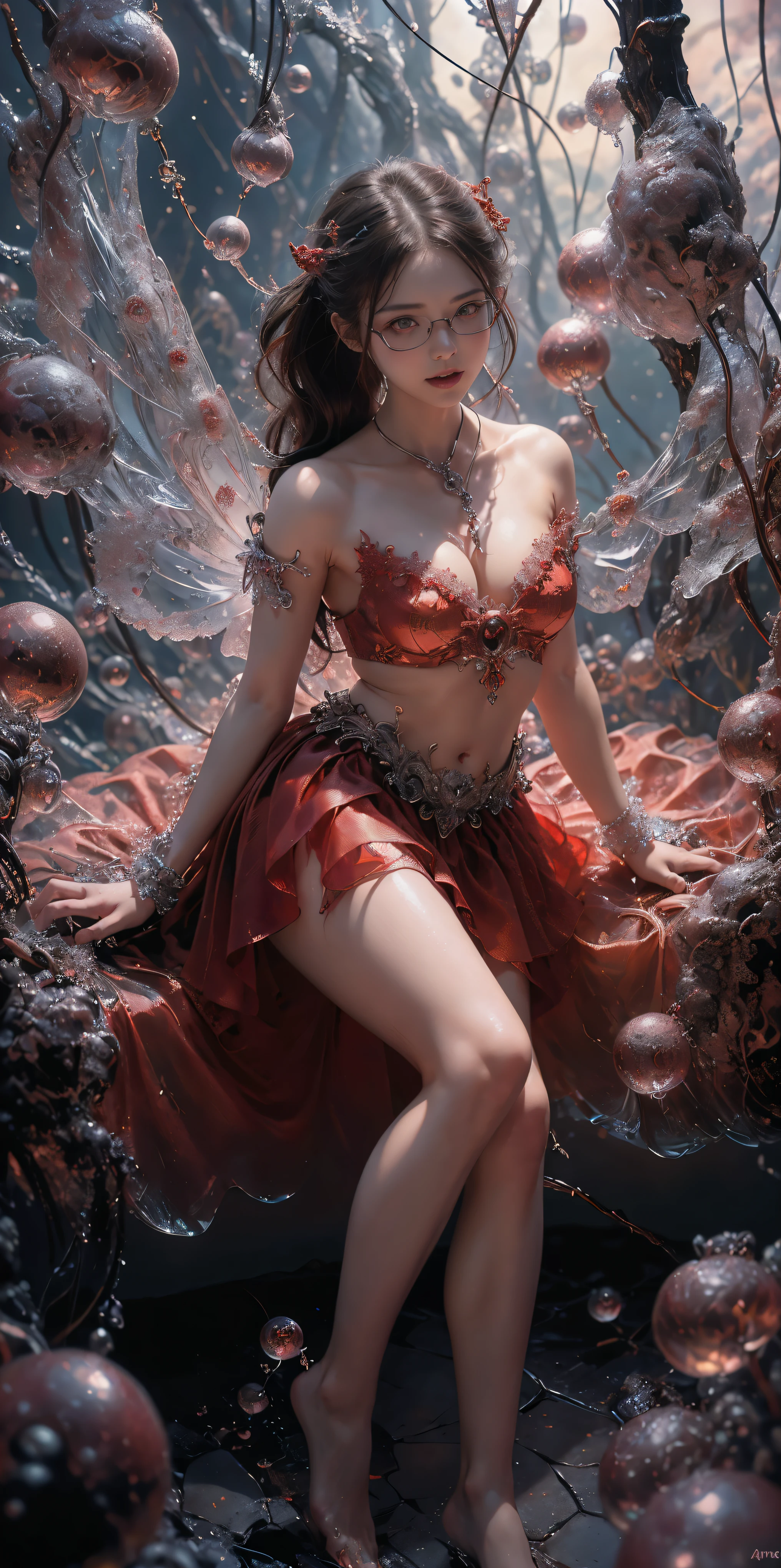 (The best illustrations)、realisitic、ultra-detailliert、The best lighting、Best Shadows、alluring succubus, ethereal beauty, perched on a cloud, (fantasy illustration:1.3), enchanting gaze, captivating pose, delicate wings, otherworldly charm, mystical sky, (Luis Royo:1.2), (Yoshitaka Amano:1.1), Dungeon and Dragon、caves、Dungeon、 A Necromancer、natta、Dark style、Succubus、Devil's Daughter、Bat Wings，(((Demon Hornlack-rimmed round glasses))))、(red eyes glowing:1.6)、​beautiful countenance、Tindall Effect、(High Detail Skins:1.2) absurderes、Ponytail distortion、jewely、Beautiful expression、Toned waist、Wide buttocks、Tindall Effectmasuter piece、top-quality、Highest Standards、Top image quality、masutepiece、intricate detailes、High resolution、Depth Field、natural soft light、profetional lighting、Great smile、(High Detail Skin: 1.2)、photorealistic anime girl render、Strong highlights of the eyes、Perfect Anatomy、crotch open、Shy、Spreading your legs、Panties are visible、Skirt flipping、Body shiny with oilerectile nipple))、8K resolution、intricate clothing、Intricate details、Panties visible through the skirt、Panties in full view、Small panties, pink nipple, pink pussy