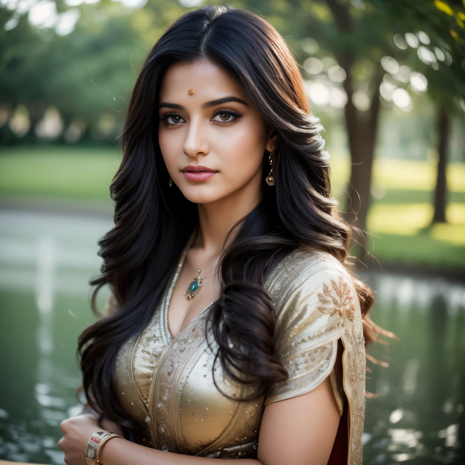 Portrait of A confident-looking 21 year old indian girl from with long flowing hair, hazel eyes, without flowing capes, front facing, normal tshirt, sitting in grass, water background, bokeh, perfect composition, hyperrealistic, super detailed, 8k, high quality, trending art, trending on artstation, sharp focus, studio photo, intricate details, highly detailed, art by greg rutkowski