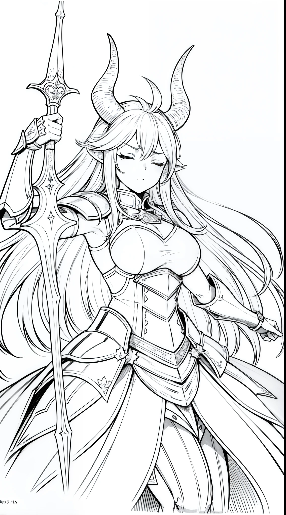 1girl,18s,horns,long hair,cathyl hair,templar knight armor,(white background,line drawing),raising your hand up, graceful,closed eyes,battle pose,expressionless