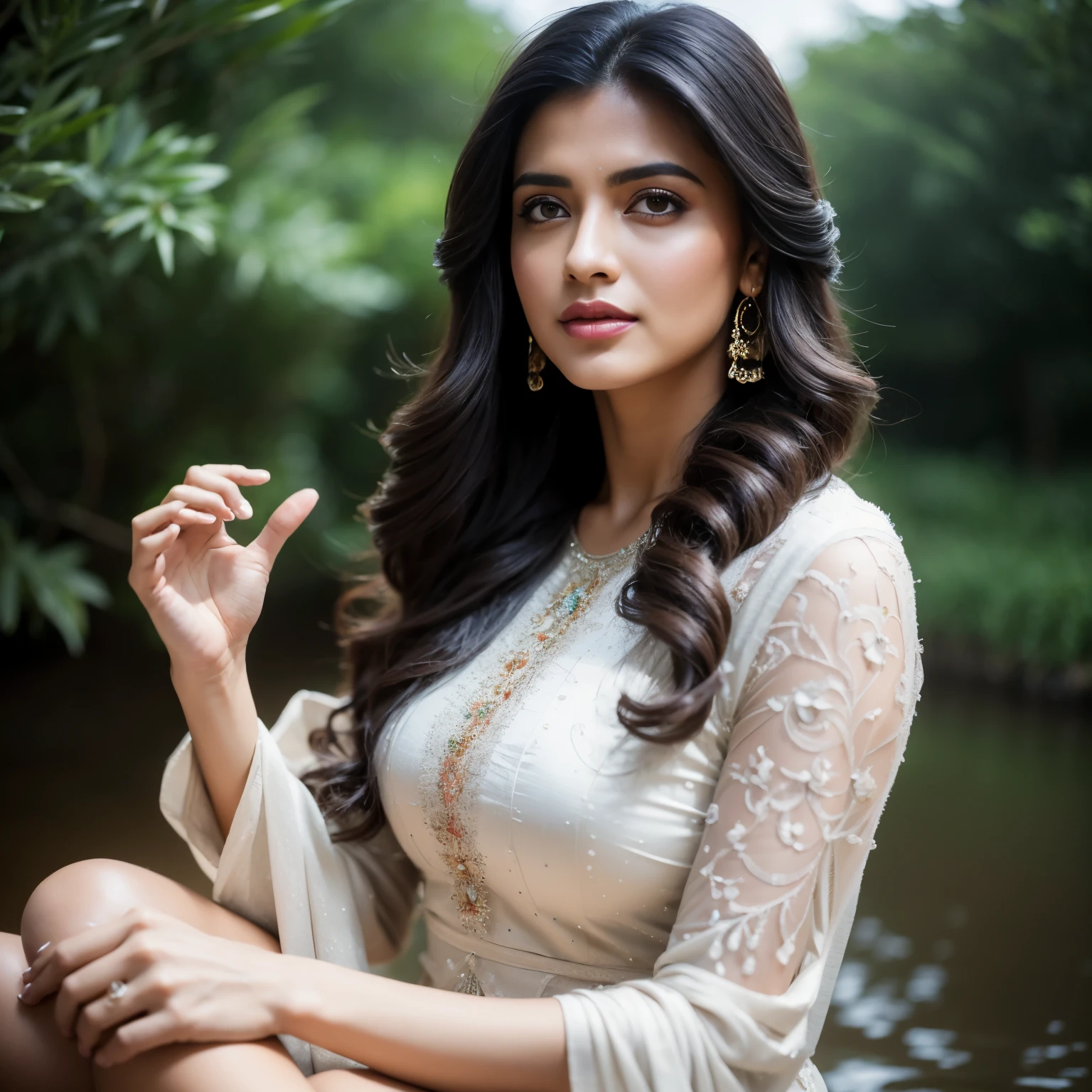 Portrait of A confident-looking 21 year old indian girl from with long flowing hair, hazel eyes, without flowing capes, front facing, normal tshirt, sitting in grass, water background, bokeh, perfect composition, hyperrealistic, super detailed, 8k, high quality, trending art, trending on artstation, sharp focus, studio photo, intricate details, highly detailed, art by greg rutkowski