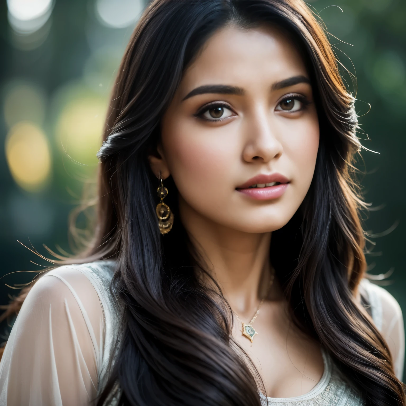 Portrait of A confident-looking 21 year old indian girl from with long flowing hair, hazel eyes, without flowing capes, front facing, normal tshirt, sitting in grass, water background, bokeh, perfect composition, hyperrealistic, super detailed, 8k, high quality, trending art, trending on artstation, sharp focus, studio photo, intricate details, highly detailed, art by greg rutkowski