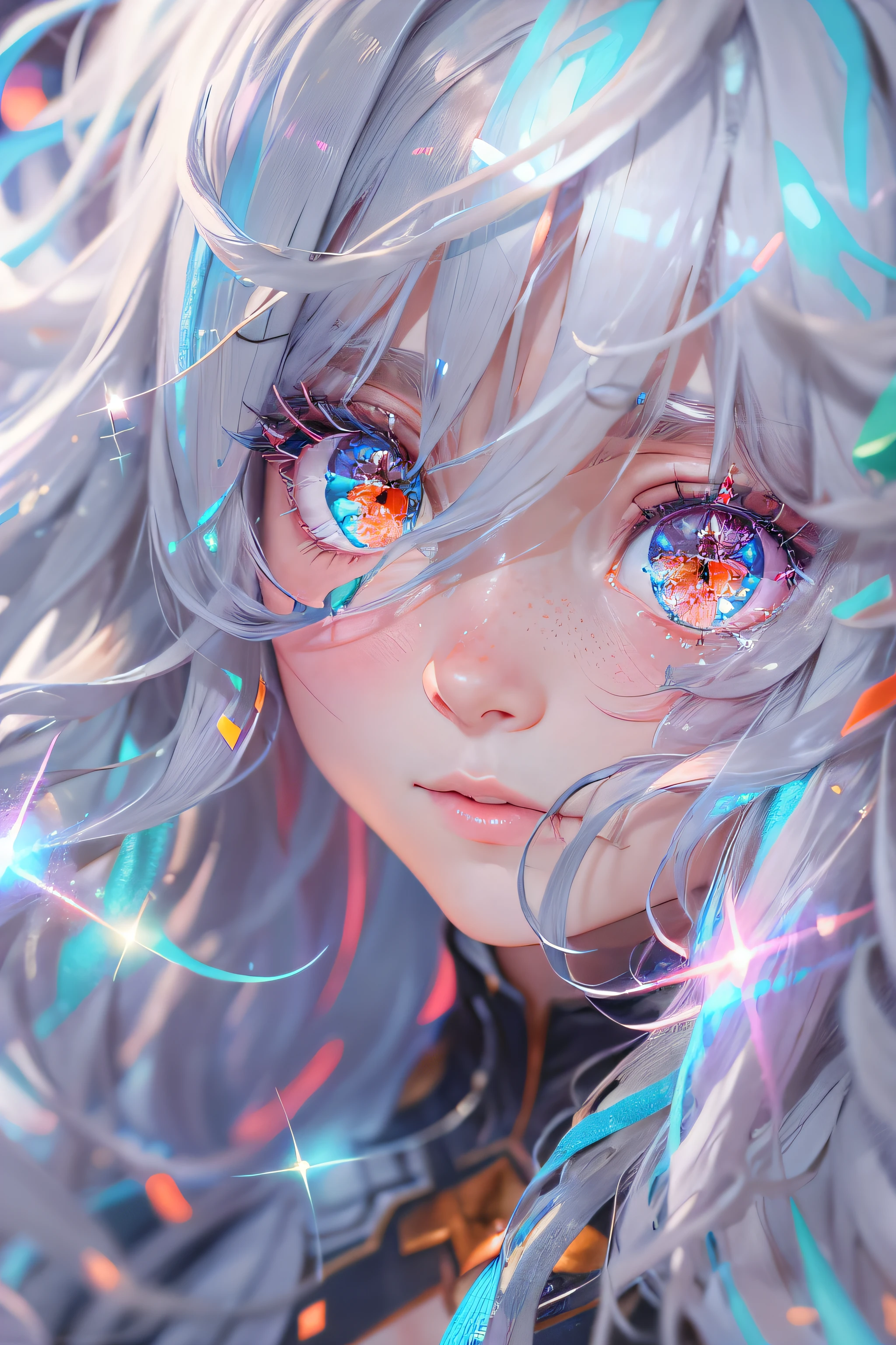 Silver hair, hair between eye, Long hair, hair over shoulders, aqua eyes, Red eyes, pupils sparkling, Blush, Scared, Nervous, flustered, anaglyph, Atmospheric perspective, stereograms, god light, Ray tracing, Sparkle, first person perspective, Close-up, 8K, Super detail, ccurate, Best quality