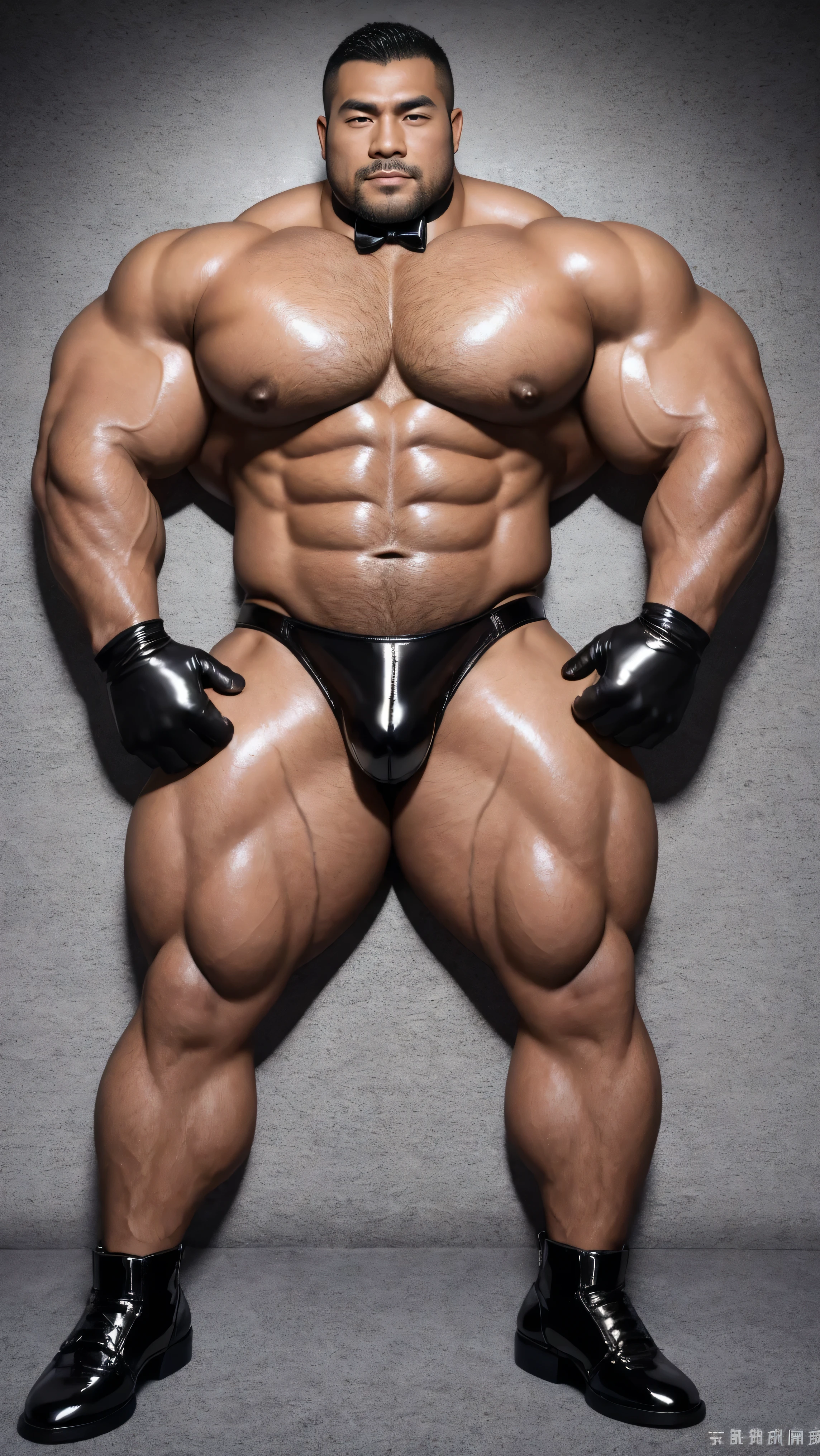 There is only one person in the picture,一位中国bodybuilding运动员,30 years old,High, bodybuilding,lying on gray sheets,Paired with glossy black leather bow tie,short hair, O-shaped beard,Perfect body, Dark and shiny complexion,Muscle bulge, muscular, Very big pecs,Very sexy abs,Leg muscles are very developed,High and burly,Huge bumpy area,Brighten oily skin,Black leather shiny leather gloves, Wearing a gold leather shiny thong, Wear black leather shoes to shine,handsome face,Detailed facial features, Correct and accurate male anatomy, full-body shot, Large pecs, Wet oil wax gloss for oily muscles and skin,Professional photography。