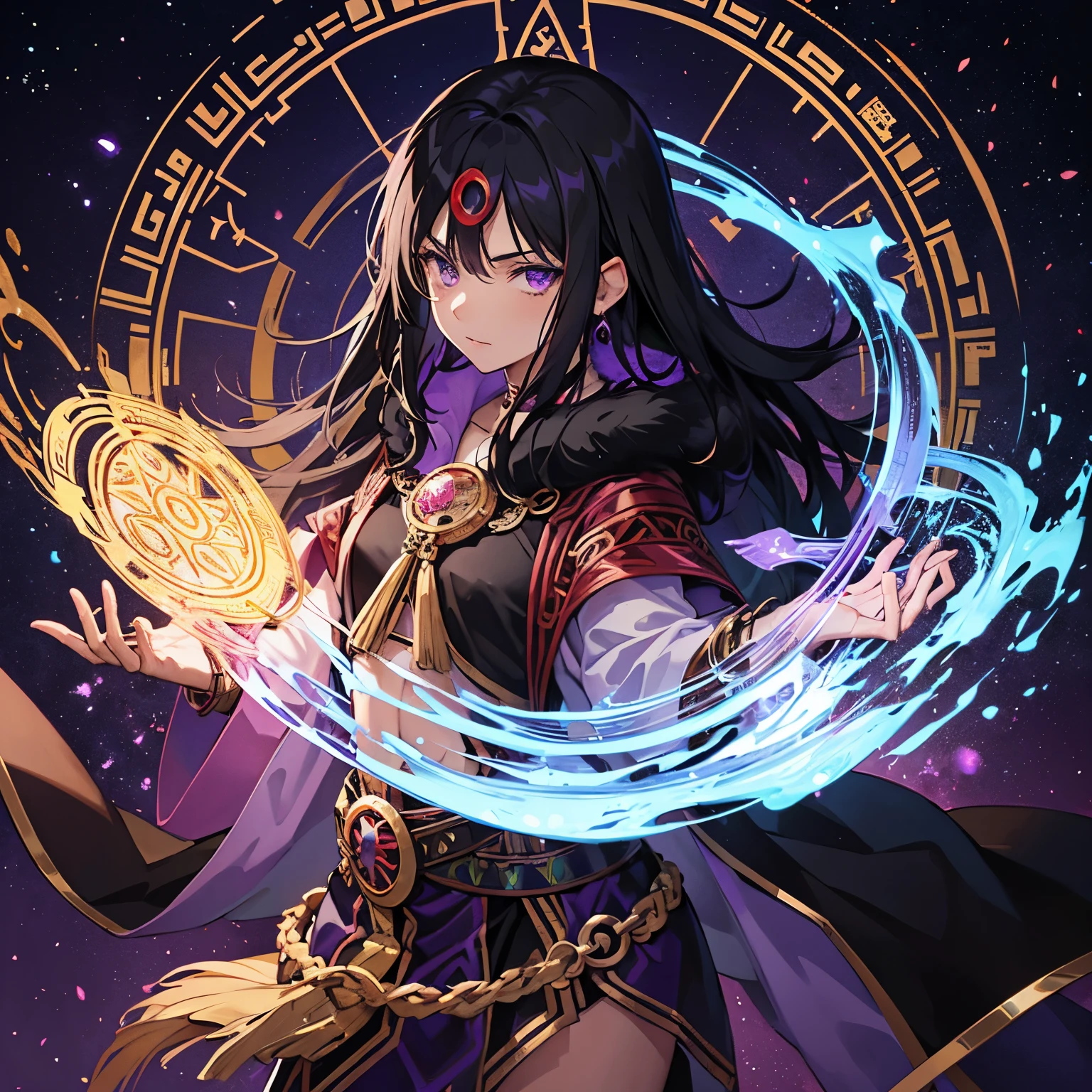 God of mischief, black hair, brown skin, purple eyes, purple, red, and blue fire, fiery aura, magic circle, in jungle, aztec, night, wearing fur pelt, deity.
