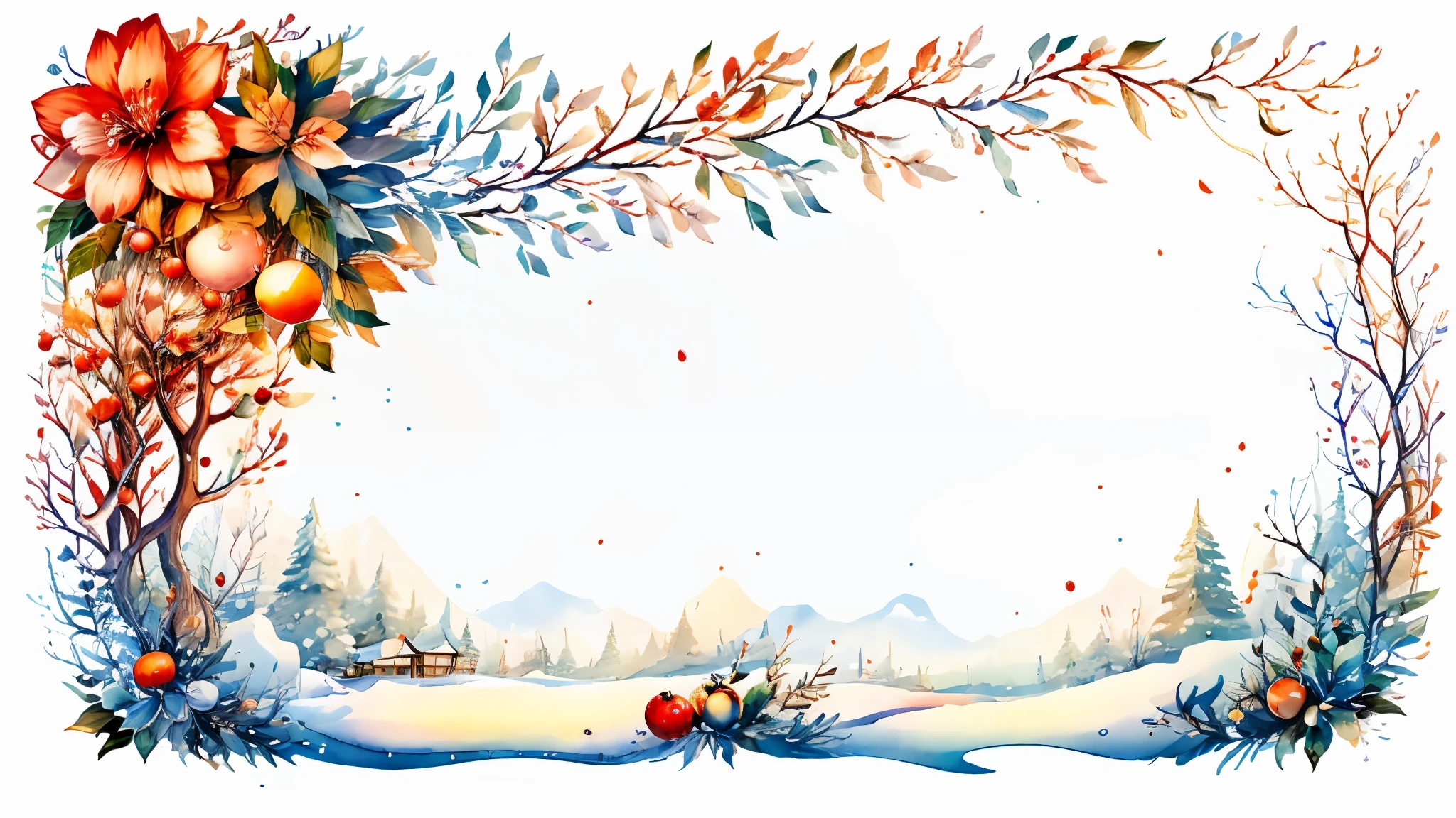 Winter Frame,apple,autumn,ball,bowl,branch,bug,butterfly,camellia,candy apple,cherry,cherry blossoms,fireworks,fish,flower,folding fan,food,fruit,goldfish,hand fan,hibiscus,ice,ice cream,japanese clothes,leaf,lemon,no humans,oil-paper umbrella,orange \(fruit\),orange slice,painting \(medium\),paper fan,plate,rice,rising sun,seashell,shell,signature,spoon,strawberry,striped,sunburst,temari ball,tomato,traditional media,tree,tropical drink,uchiwa,umbrella,watermelon,wind chime,blank middle