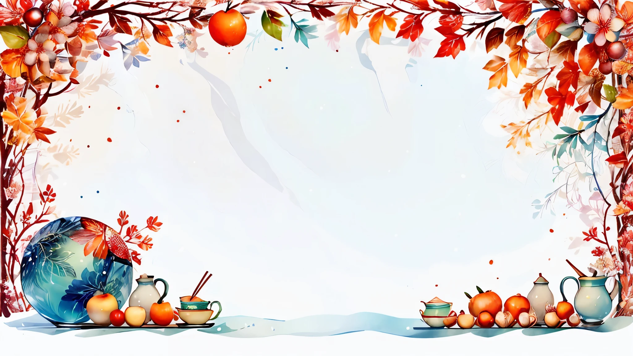 Winter Frame,apple,autumn,ball,bowl,branch,bug,butterfly,camellia,candy apple,cherry,cherry blossoms,fireworks,fish,flower,folding fan,food,fruit,goldfish,hand fan,hibiscus,ice,ice cream,japanese clothes,leaf,lemon,no humans,oil-paper umbrella,orange \(fruit\),orange slice,painting \(medium\),paper fan,plate,rice,rising sun,seashell,shell,signature,spoon,strawberry,striped,sunburst,temari ball,tomato,traditional media,tree,tropical drink,uchiwa,umbrella,watermelon,wind chime,blank middle